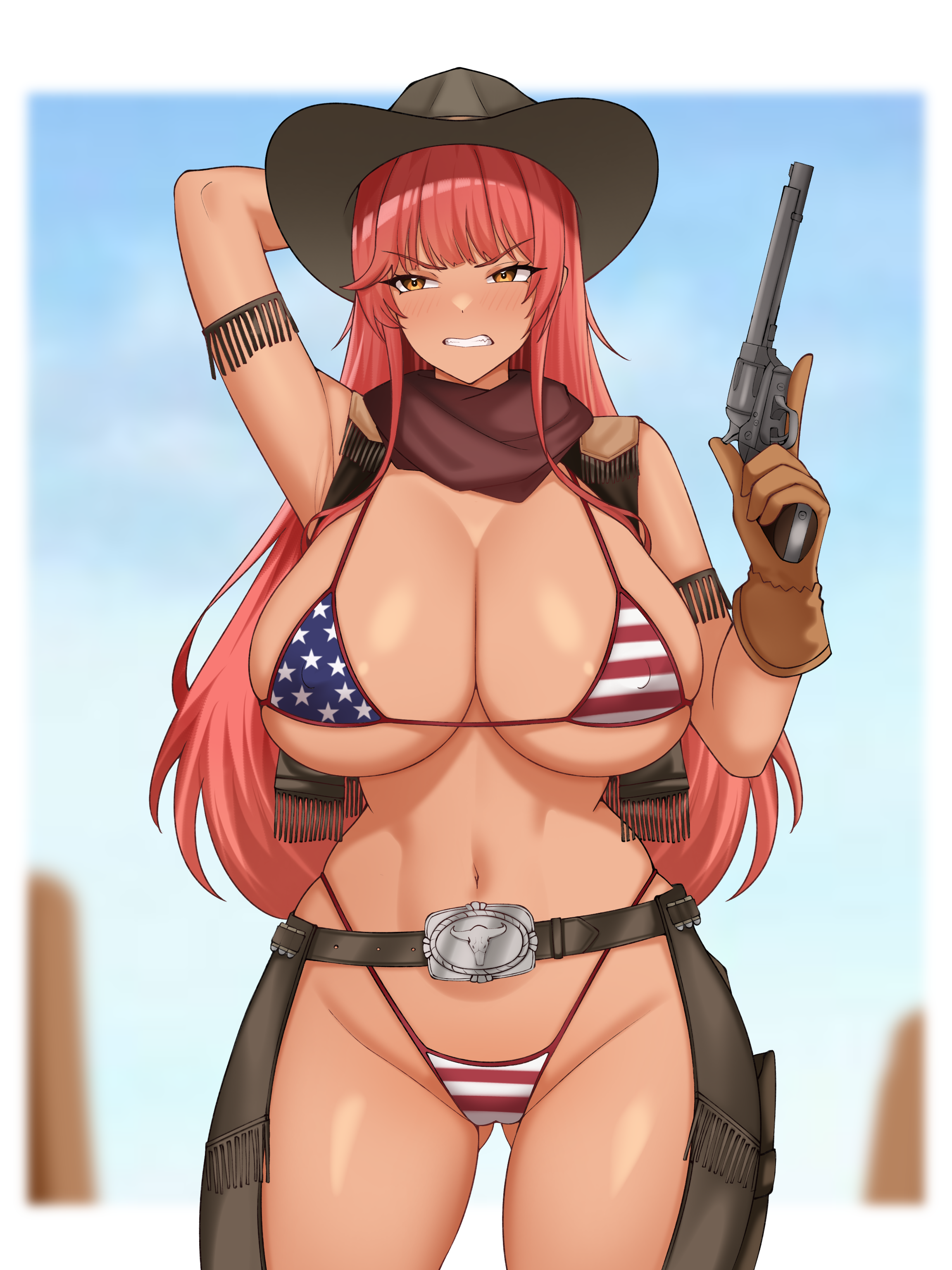 1girls, amber eyes, american flag bikini, angry, angry face, cleavage, clothing, dark-skinned female, ecchi, embarrassed, embarrassed female, female, female only, goddess of victory: nikke, gun, nath08, red hair, revealing clothes, shy, skimpy clothes, volume (nikke)
