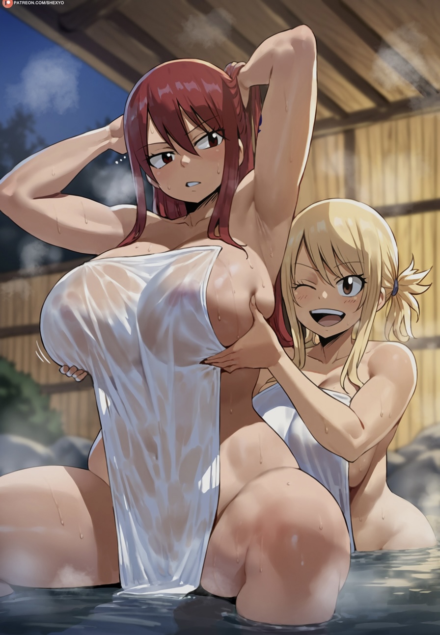 2girls, ai generated, bathing, bathing together, big breasts, black eyes, blonde hair, blonde-haired female, blush, breasts, cleavage, erza scarlet, fairy tail, fat breasts, female, female only, flat belly, fondling, fondling breast, hot spring, hourglass figure, human, large breasts, light skin, light-skinned female, lucy heartfilia, mature female, one eye closed, onsen, red hair, shexyo, slim waist, sweat, thick thighs, towel, towel only, water, wide hips, yuri
