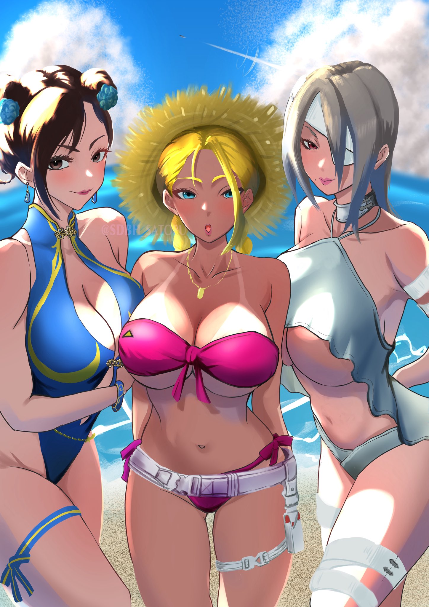 3girls, a.k.i., alternate hairstyle, beach, big breasts, bikini, blonde hair, blue eyes, breasts, brown eyes, brown hair, busty, cammy white, capcom, chun-li, eyepatch, female, grey hair, hair over one eye, hairbuns, light skin, light-skinned female, one-piece swimsuit, red eyes, sdbh satopu, straw hat, street fighter, swimsuit, tan skin, tanline, thigh strap, twintails
