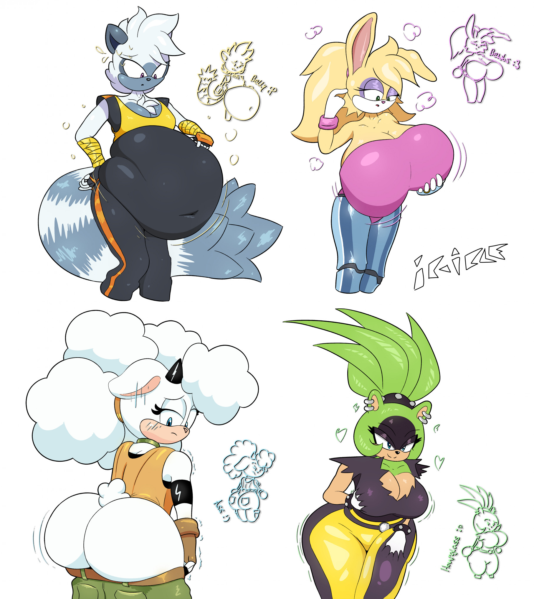 afrosoricid, anthro, ass, belly, belly expansion, big belly, big breasts, big butt, bovid, breast expansion, breast growth, breast growth (enlargement), breasts, bunnie rabbot, butt expansion, caprine, chest tuft, cleavage, clothed, clothing, cybernetics, cyborg, ear piercing, expansion, female, group, hi res, hip expansion, horn, huge belly, huge breasts, huge butt, ic-icle, idw publishing, lagomorph, lanolin the sheep, lemur, leporid, machine, mammal, piercing, primate, rabbit, sega, sheep, sonic (series), sonic the hedgehog (comics), sonic the hedgehog (idw), sonic the hedgehog (series), strepsirrhine, surge the tenrec, tangle the lemur, tenrec, tuft, wide hips