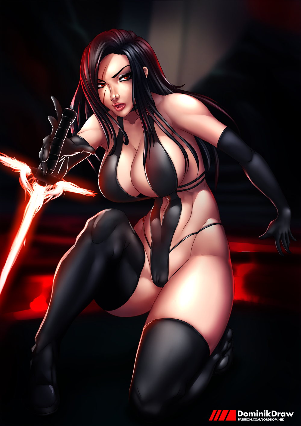 big_breasts black_hair breasts cameltoe cleavage clothing cosplay female female_only genderswap hair jessica_nigri kylo_ren lightsaber long_hair lord_dominik red_eyes rule_63 sith solo solo_female star_wars thighhighs