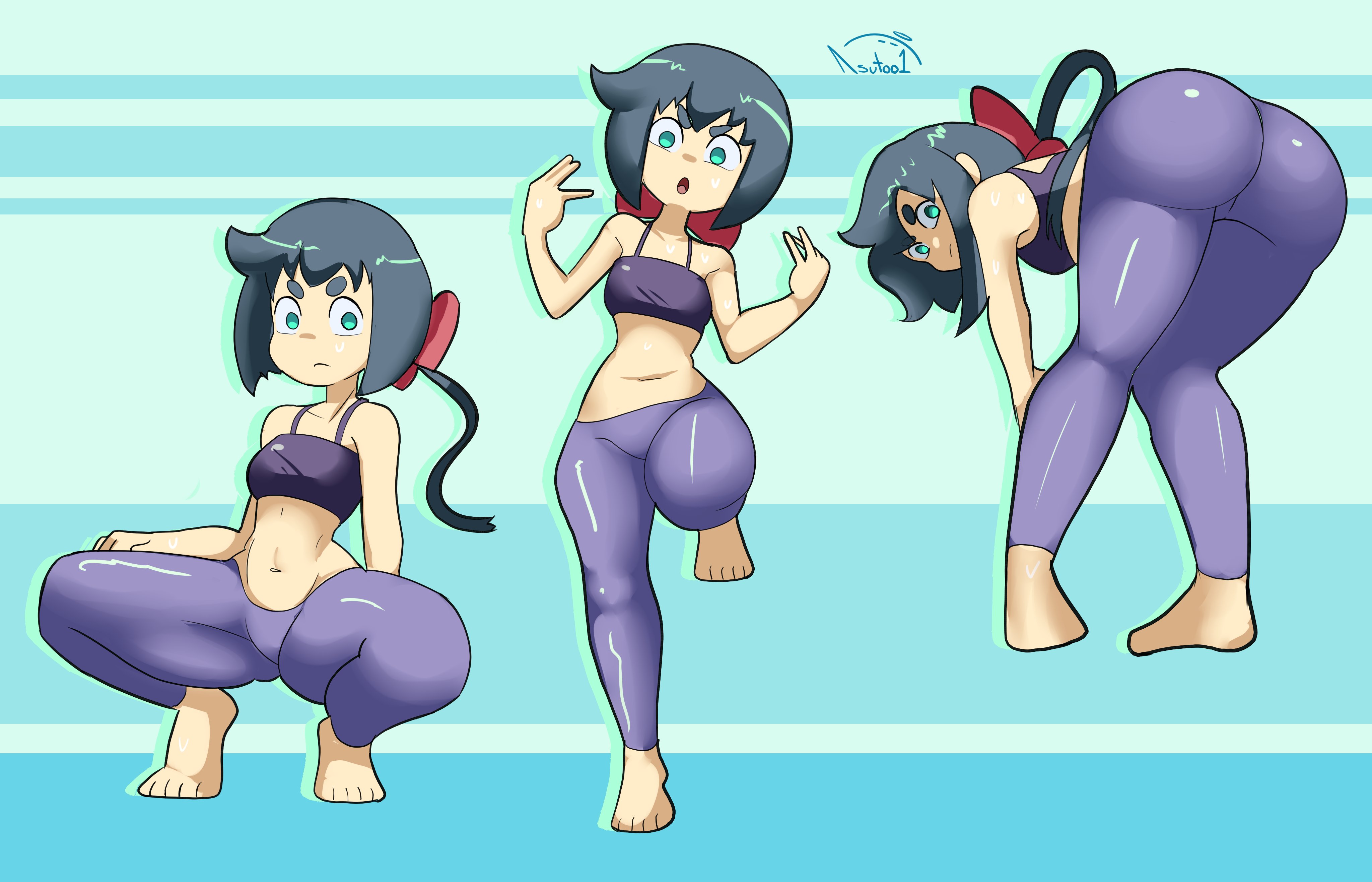 1girls, artist signature, barefoot, bending over, constanze amalie von braunschbank-albrechtsberger, curvy, female, green eyes, green hair, gym clothes, kasutoo1, light skin, light-skinned female, little witch academia, petite female, round ass, shortstack, squatting, tight pants