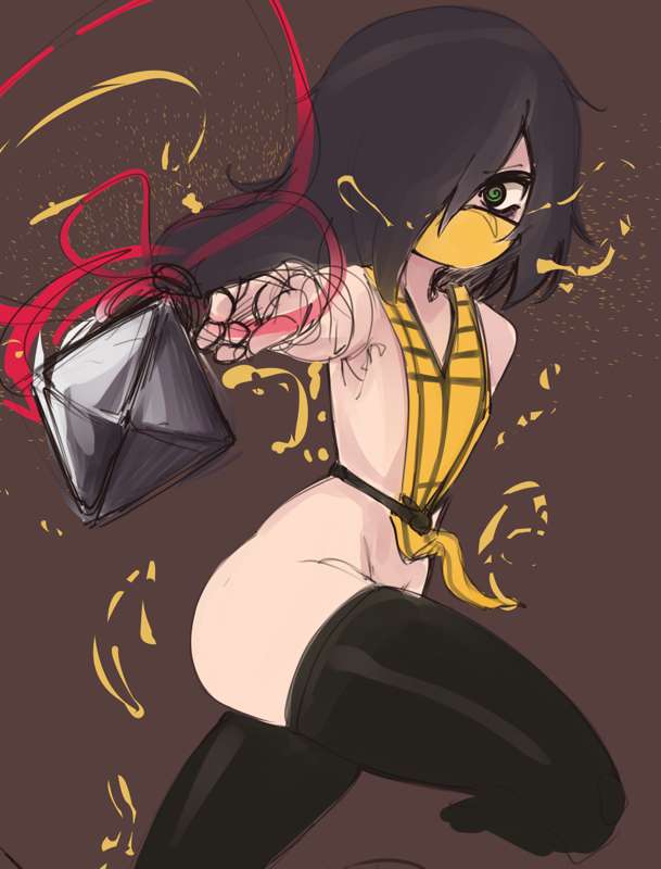 1girls, black hair, cosplay, curvy, female, female focus, female only, green eyes, hatsumiilkshake, kunai, kuroki tomoko, long hair, mask, mortal kombat, no visible genitalia, scorpion (mortal kombat) (cosplay), solo, swirly eyes, thighhighs, throwing knife, watashi ga motenai no wa dou kangaetemo omaera ga warui!