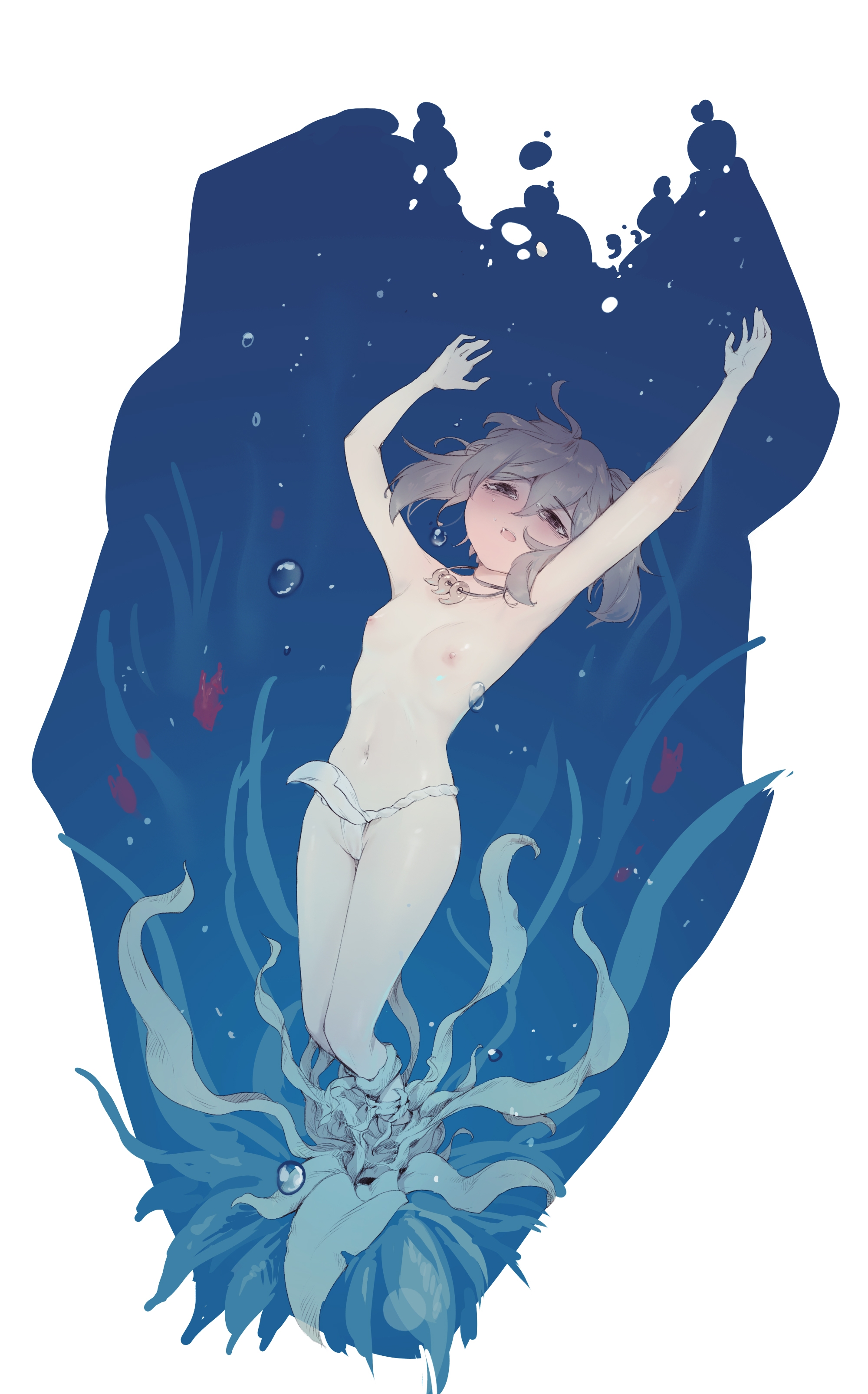 aged down, asphyxiation, black eyes, black hair, breasts, corpse, death, drowned, drowning, empty eyes, female, female death, female only, fundoshi, kayo (rou), navel, necklace, nipples, original, original character, rou (rou22), seaweed, small breasts, solo, solo female, topless, underwater