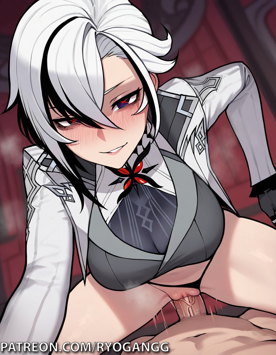1boy, 1girls, 2d, 2d (artwork), ai generated, arlecchino (genshin impact), big breasts, black hair, breasts, duo, earrings, female, genshin impact, large breasts, light-skinned female, light-skinned male, male, patreon, patreon username, penis, red eyes, ryogangg, seductive, seductive look, short hair, smoking, suit, suit and tie, white black hair, white hair