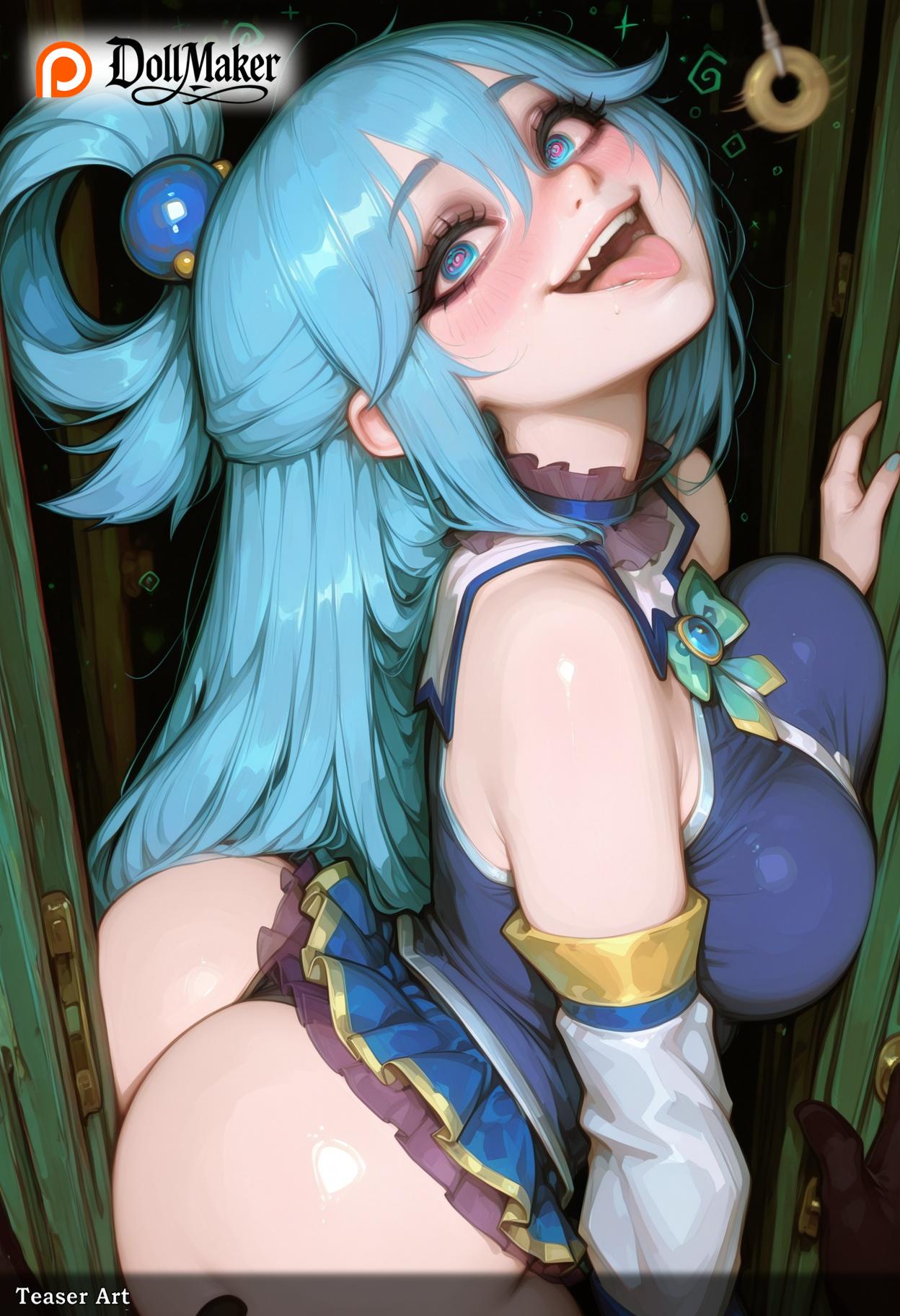 2d, ai generated, aqua (konosuba), artist name, ass, bare shoulders, blue eyes, blue hair, blush, breast press, breasts, coin, detached sleeves, dollmaker, dollmaker (artist), drooling, drunk, female, hair ornament, hair rings, heart, heart-shaped pupils, hypnosis, kono subarashii sekai ni shukufuku wo!, large breasts, long hair, looking at viewer, mind control, open mouth, panties, patreon logo, patreon username, smile, solo, straight, symbol-shaped pupils, tagme, thong, tongue, tongue out, watermark, web address