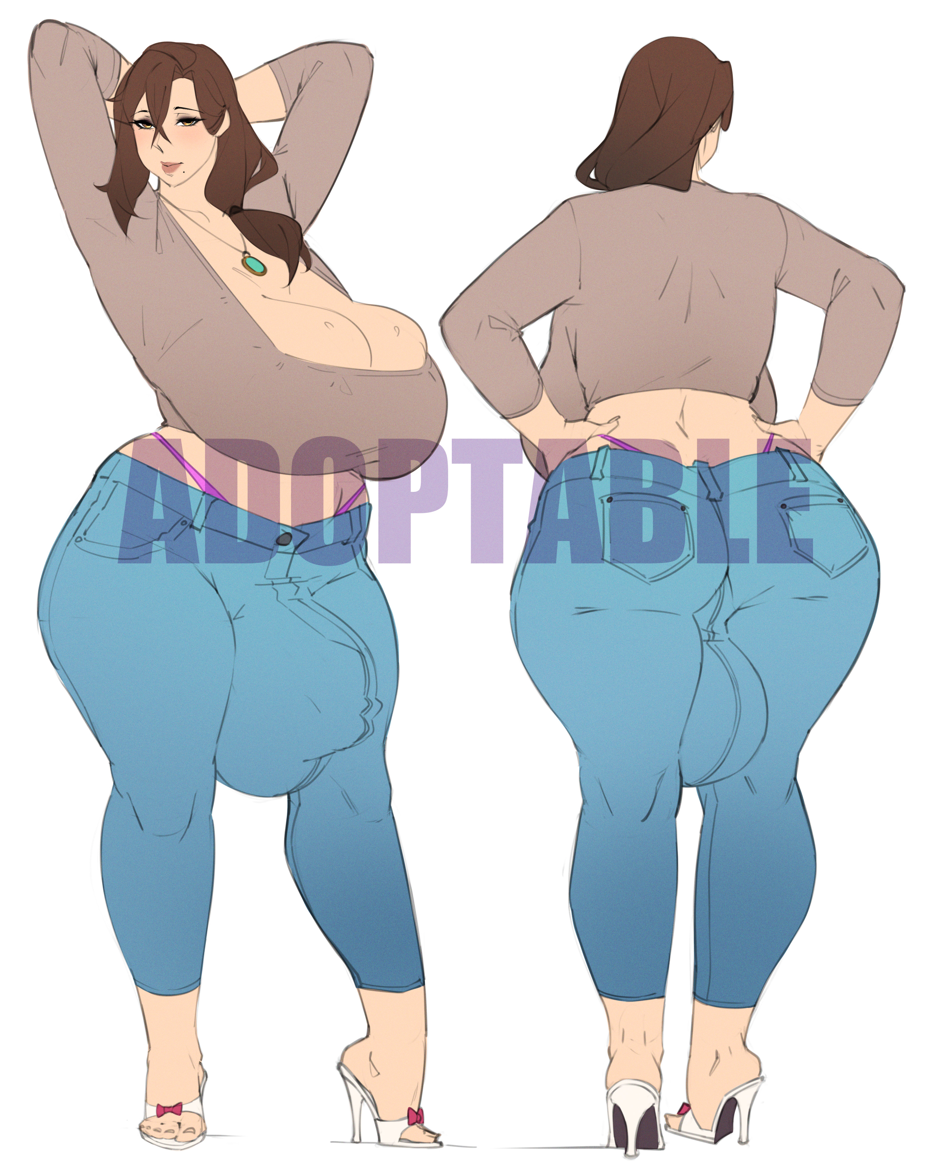1futa, adoptable, balls, big breasts, big penis, blush, breasts, brown hair, bulge, busty, cleavage, clothed, clothing, female, flaccid, futa milf, futa only, futanari, hand behind head, hand on hip, high heels, huge balls, huge breasts, huge cock, human, hung, hung futa, intersex, jeans, karasuart07, large breasts, light skin, light-skinned futa, long hair, massive breasts, milf, necklace, original character, pants, penis, sketch, solo, standing, thick, thick thighs, thighs