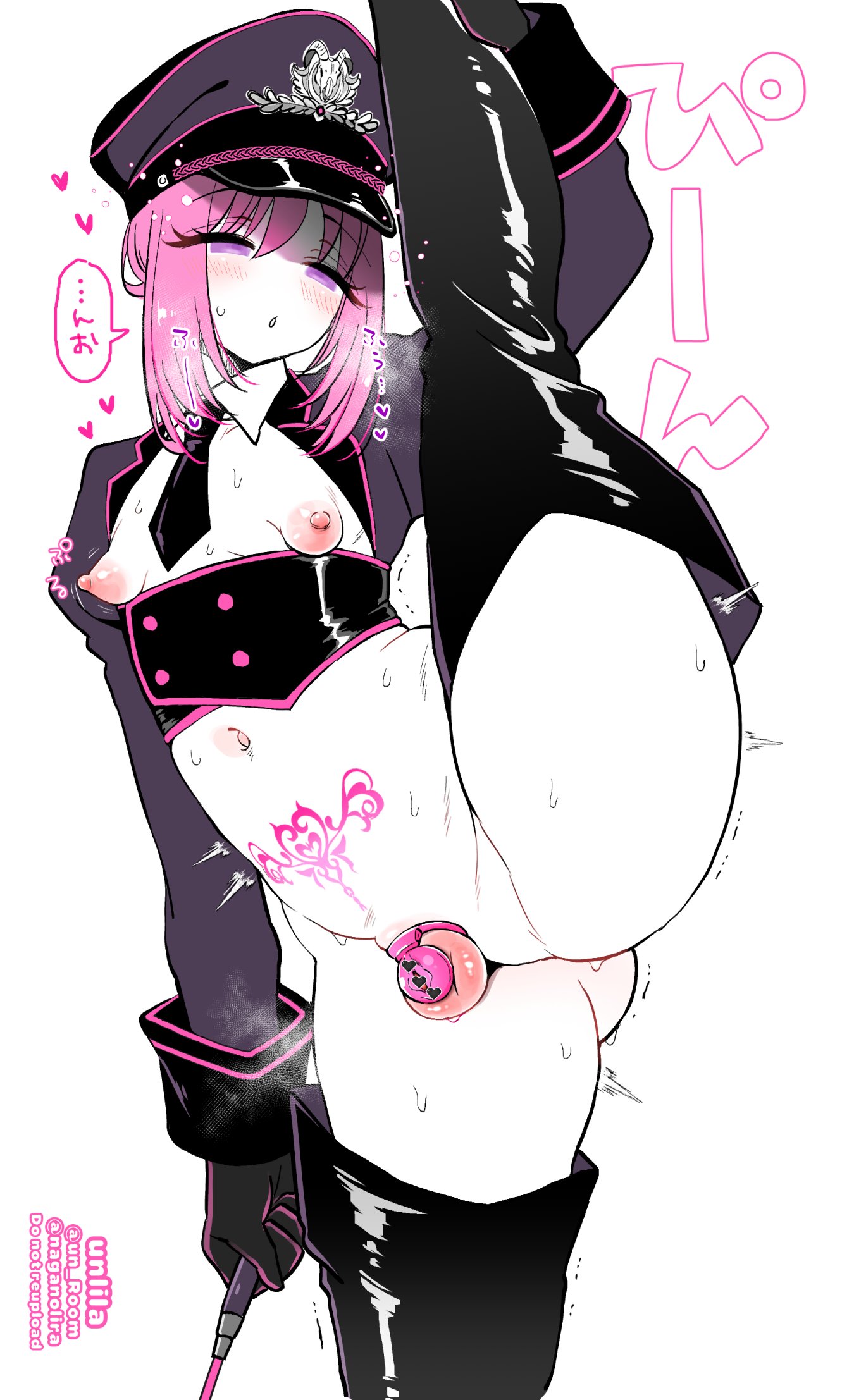 1femboy, areolae, ass, balls, big ass, blush, bottomless, chastity cage, chastity device, femboy, feminine male, girly, hat, heart symbol, leg lift, leg up, long hair, male, nagano rira, nipples, otoko no ko, otokonoko, penis, pink eyes, pink hair, sissy, solo, solo femboy, solo male, standing split, sweat, tagme, thick thighs, thighhighs, thighs, trap, unlila