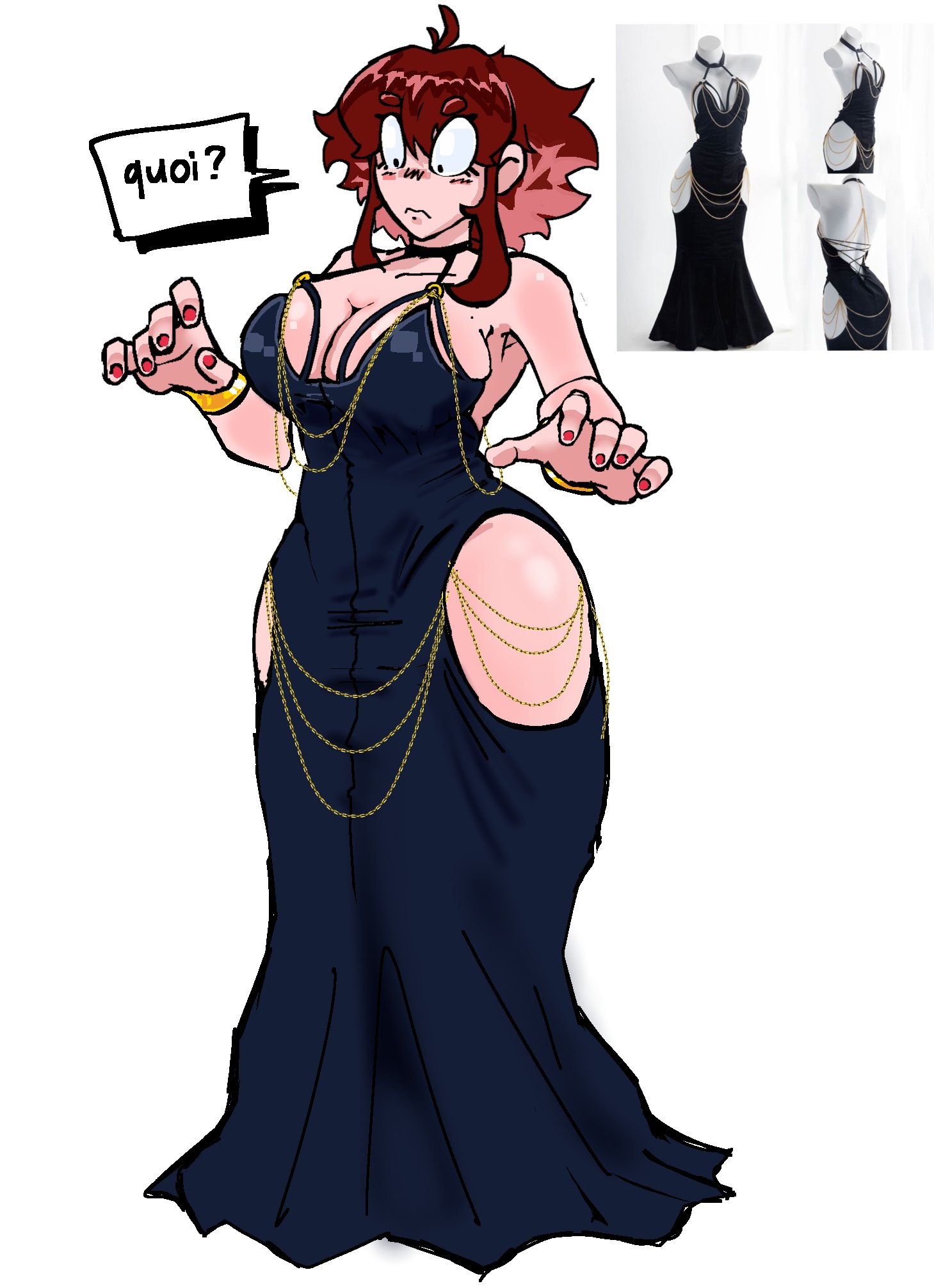 1girls, auburn hair, bbw, belly, black dress, chubby belly, cleavage, cute, cutout, cutout dress, dialogue, digital drawing (artwork), digital media (artwork), flustered, french, friday night funkin, friday night funkin mod, funny, girlfriend (friday night funkin), hips, hips wider than shoulders, huge breasts, huge cleavage, huge thighs, jewelry, korean nooby (artist), larger female, massacre girlfriend (friday night funkin), millie (mistful crimson morning), mistful crimson morning, modakawa dress, necklace, nervous, nervous sweat, oc, old art, original, reference image, revealing clothes, shy, slightly chubby, slightly chubby female, speech bubble, surprised, text, thick, thick thighs, tight clothing, voluptuous, voluptuous female, wide hips