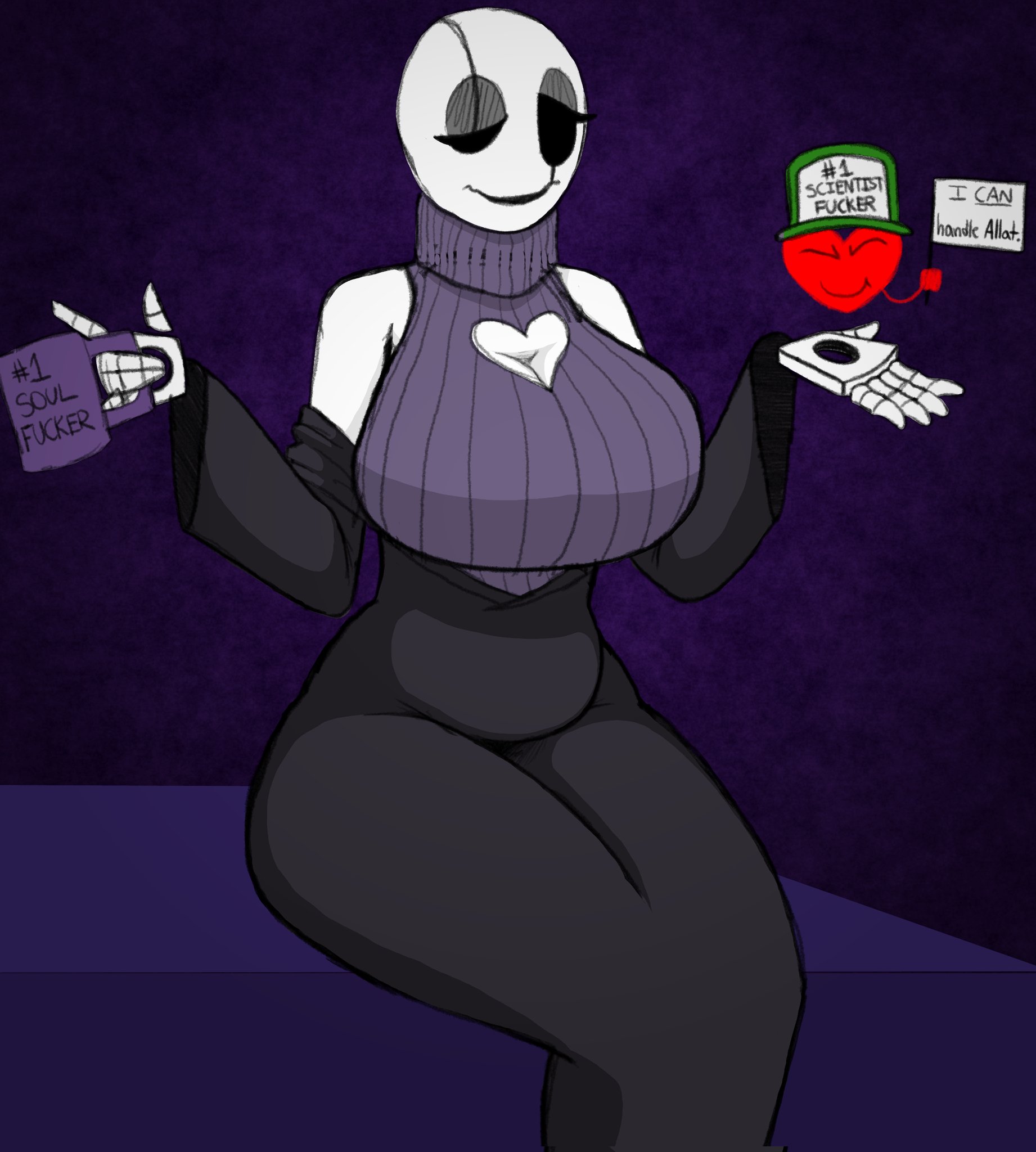big breasts, boob window, breasts, cap, cutegirlconfirm, deltarune, fem gaster, female, funny, gaster, looking at viewer, mug, purple sweater, rule 63, simple background, sketch, sleeveless sweater, soul (undertale), sweater, text, thick thighs, thighs together, things, turtleneck, turtleneck sweater, undertale, undertale (series)