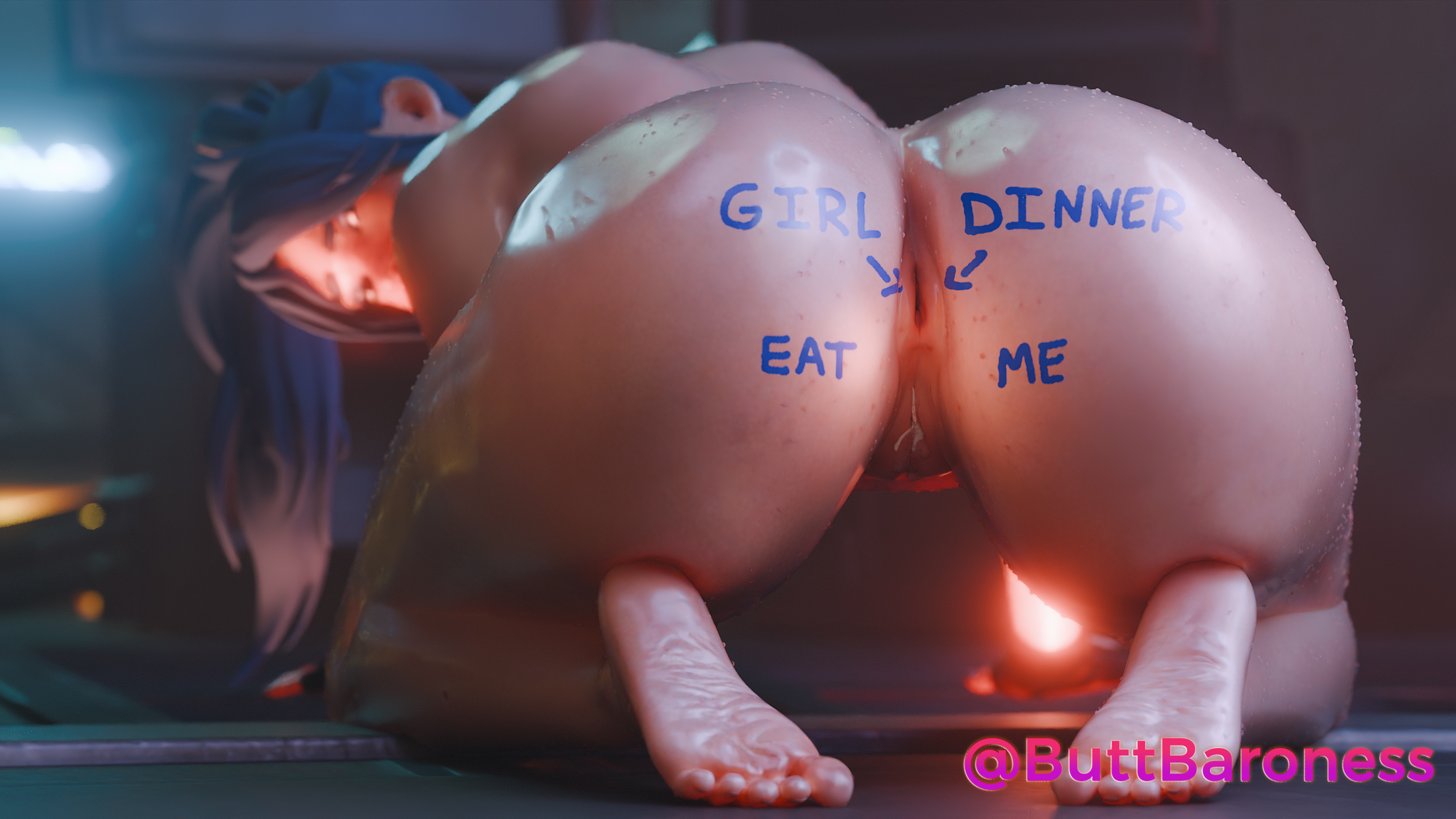 3d, anal, anus, ass, asshole, bent over, big ass, bigass, blender, blue hair, buttbaroness, embarassed, female, female only, fortnite, fortnite: battle royale, hope (fortnite), huge ass, pussy, pussy visible, sad, soaked, squat, vagina, wet, wet body, wet pussy, writing on body