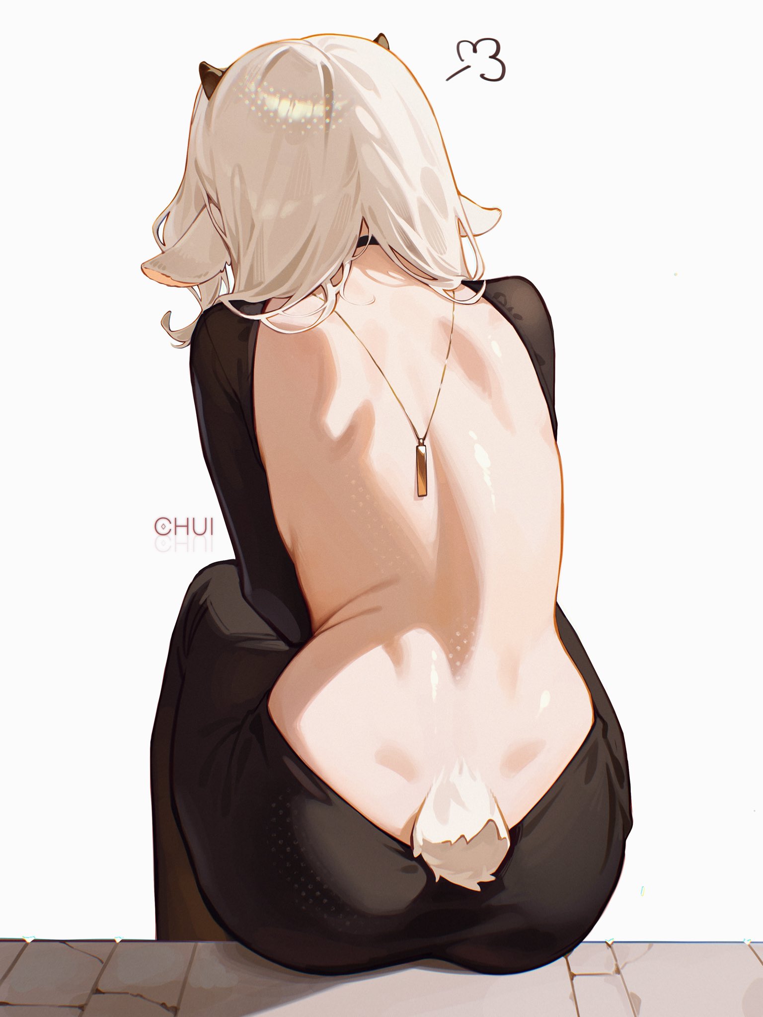 bare back, black dress, chui art, female, from behind, fully clothed, goat girl, goat horns, goth girl, oc, short tail, sitting, solo, tail