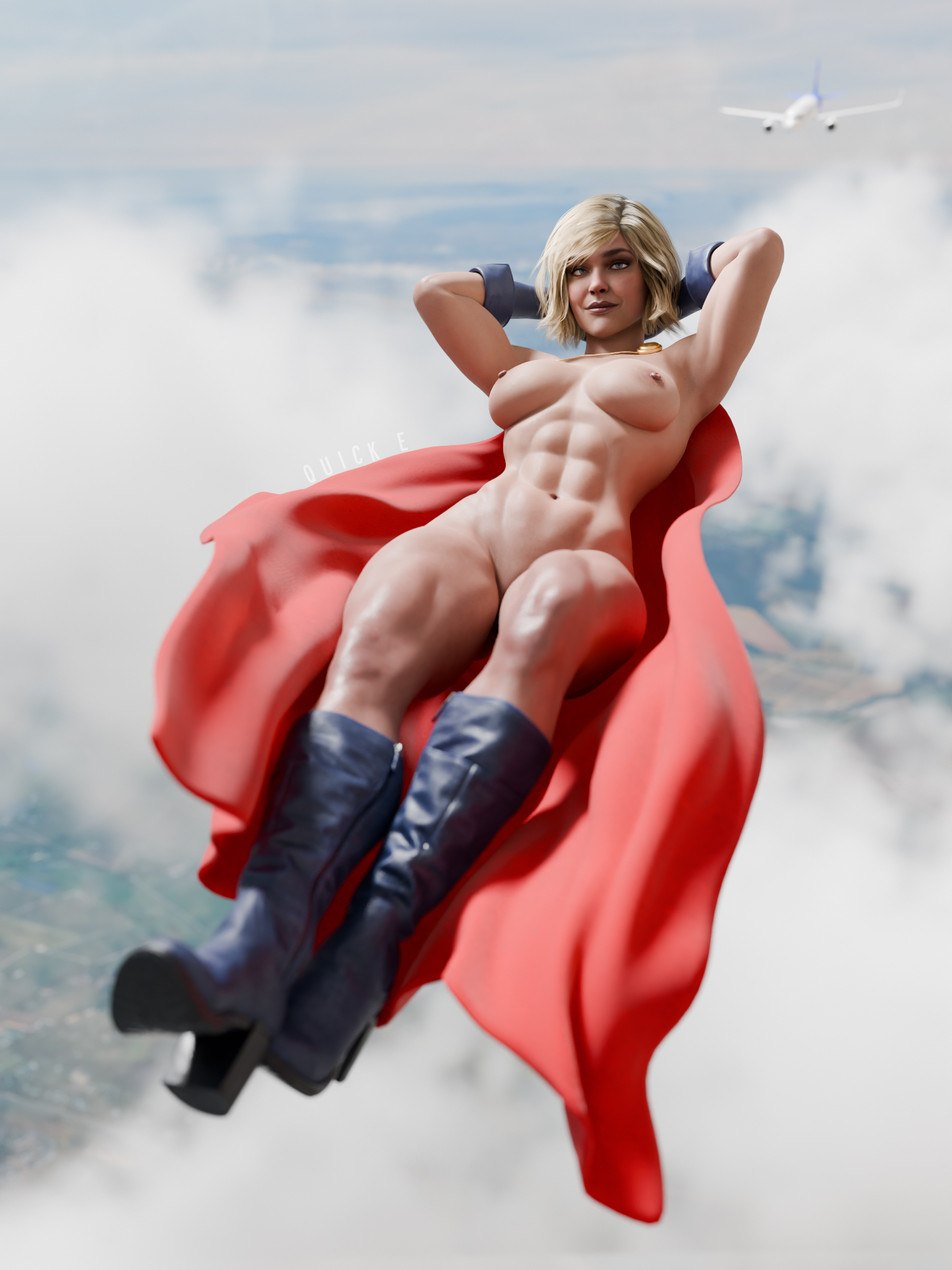 1girls, 3d, 3d (artwork), abs, aircraft, airplane, arms behind head, blonde hair, breasts, dc, dc comics, female, female only, flying, high heel boots, injustice 2, kara zor-l, karen starr, light skin, light-skinned female, looking at viewer, naked female, nipples, power girl, power girl (injustice), quick e, sky, solo, solo female, superman (series)