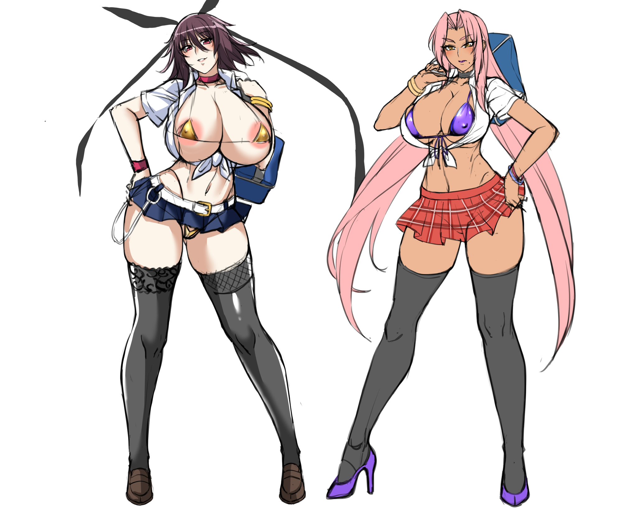 2girls, aerolae, beauty mark, big breasts, blush, bracelets, breasts, brown hair, choker, cleavage, dark-skinned female, exposed midriff, female, female only, gyaru, high heels, ingrid (taimanin asagi), lc 7v2, light-skinned female, micro bikini, milf, miniskirt, mizuki shiranui, pink hair, prostitution, red eyes, revealing clothes, school uniform, short skirt, skimpy, skimpy clothes, skirt, stockings, taimanin (series), thigh highs, voluptuous, yellow eyes