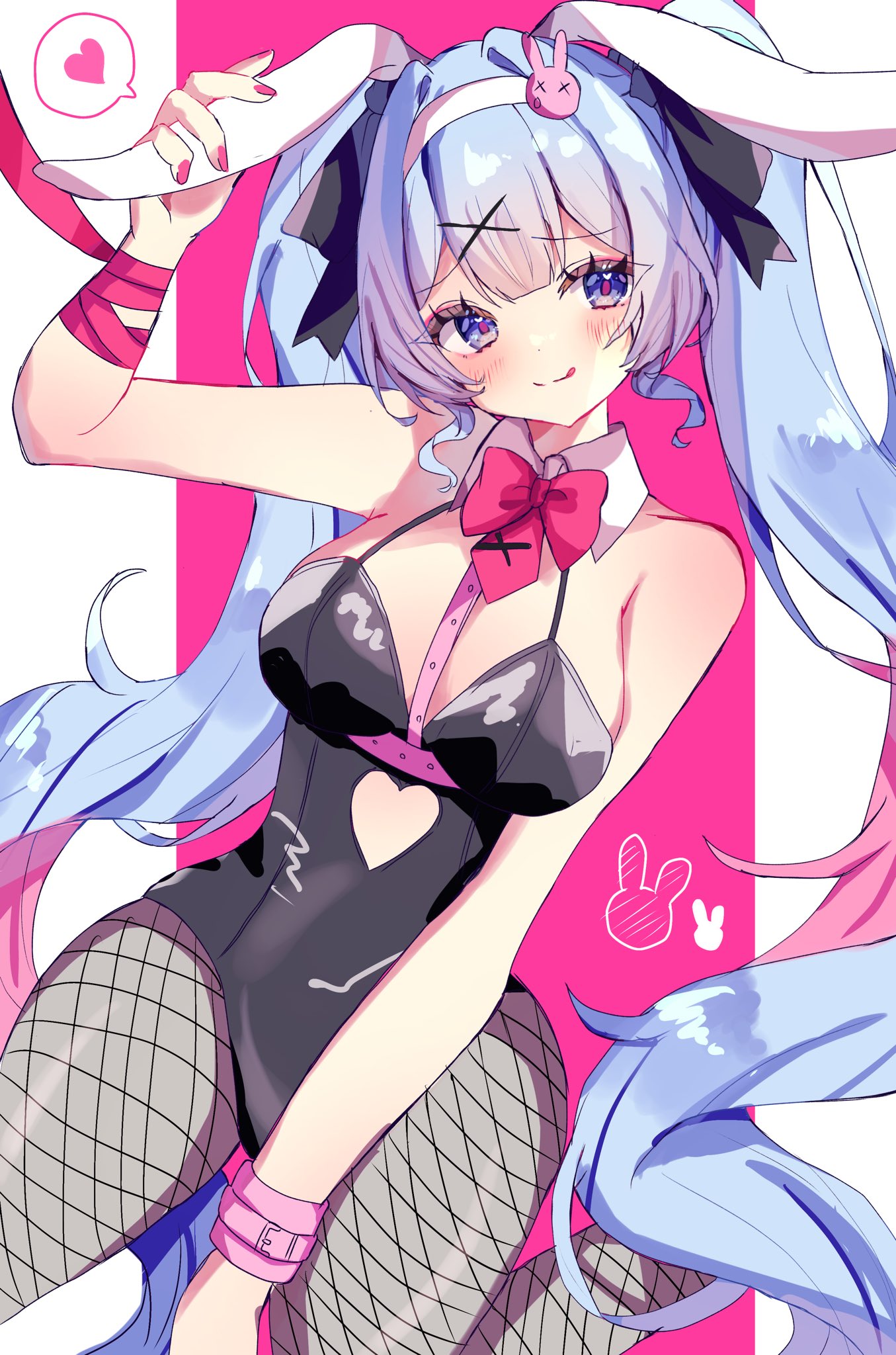 big breasts, blue hair, boobs, bowtie, breasts, bunny ears, bunny girl, bunnysuit, female, female focus, female only, fishnet legwear, hatsune miku, legwear, playboy bunny, rabbit hole (vocaloid), ribbon bondage