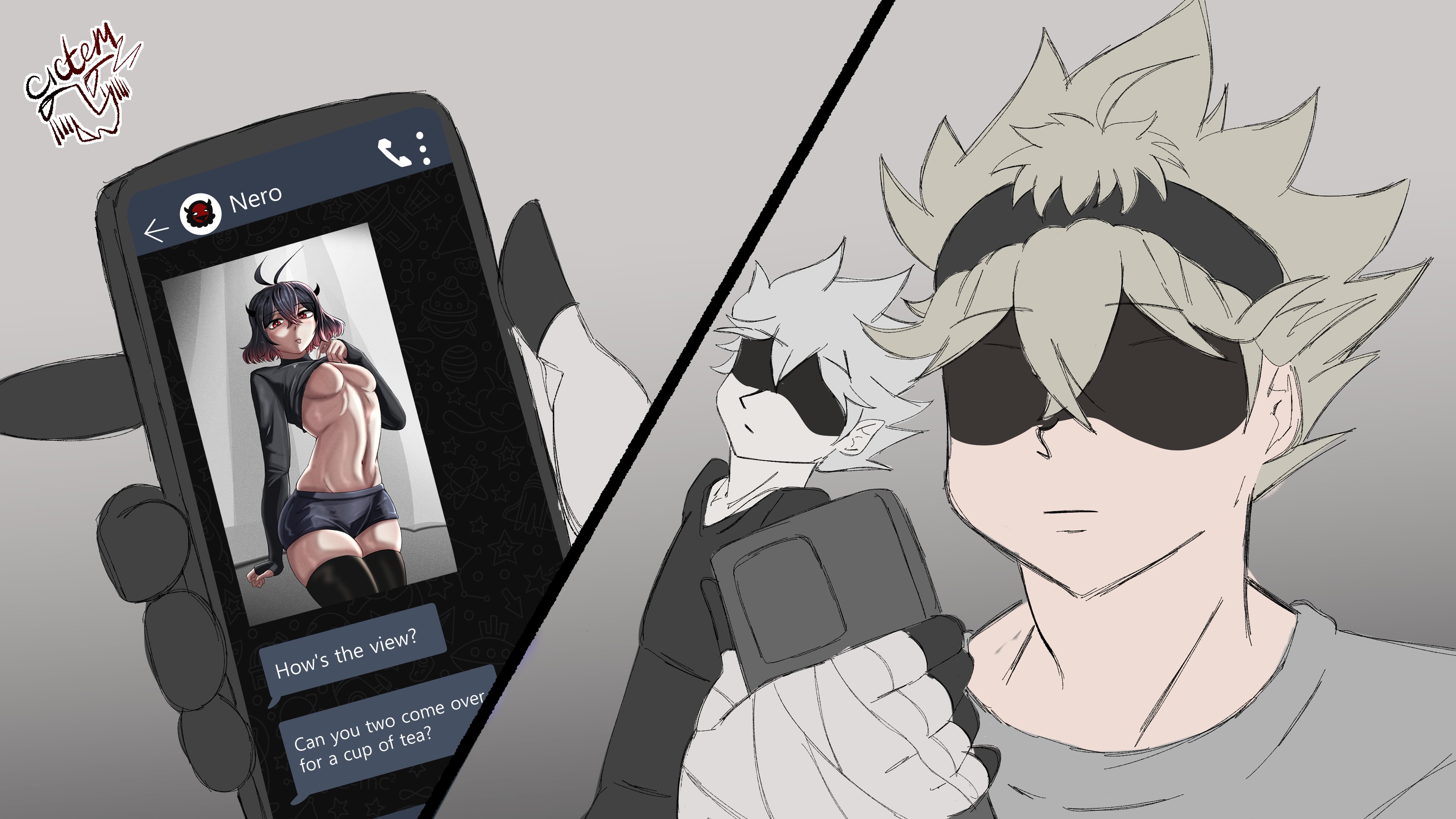 1girls, 2boys, ash blonde hair, asta (black clover), black clover, cictemart18, eyes covered, female, liebe (black clover), male, message, nero (black clover), phone, secre swallowtail, sexting, tagme, texting, white hair