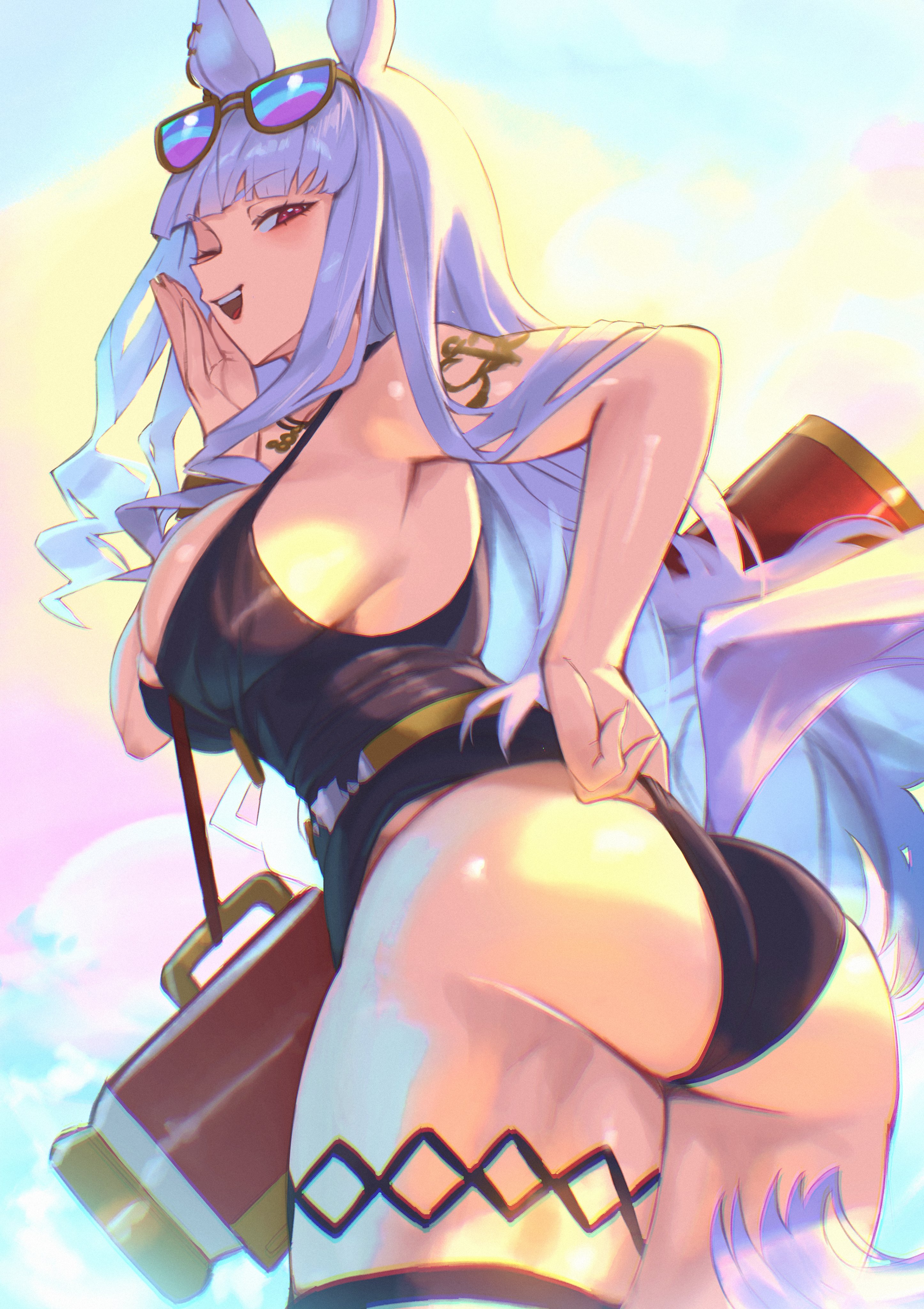1girls, artist revision, ass, breasts, female, female focus, female only, gold ship (umamusume), hirosenpai, large breasts, light skin, light-skinned female, looking at viewer, looking back, one eye closed, revision, single thighhigh, solo, thick thighs, thighs, umamusume, wide hips