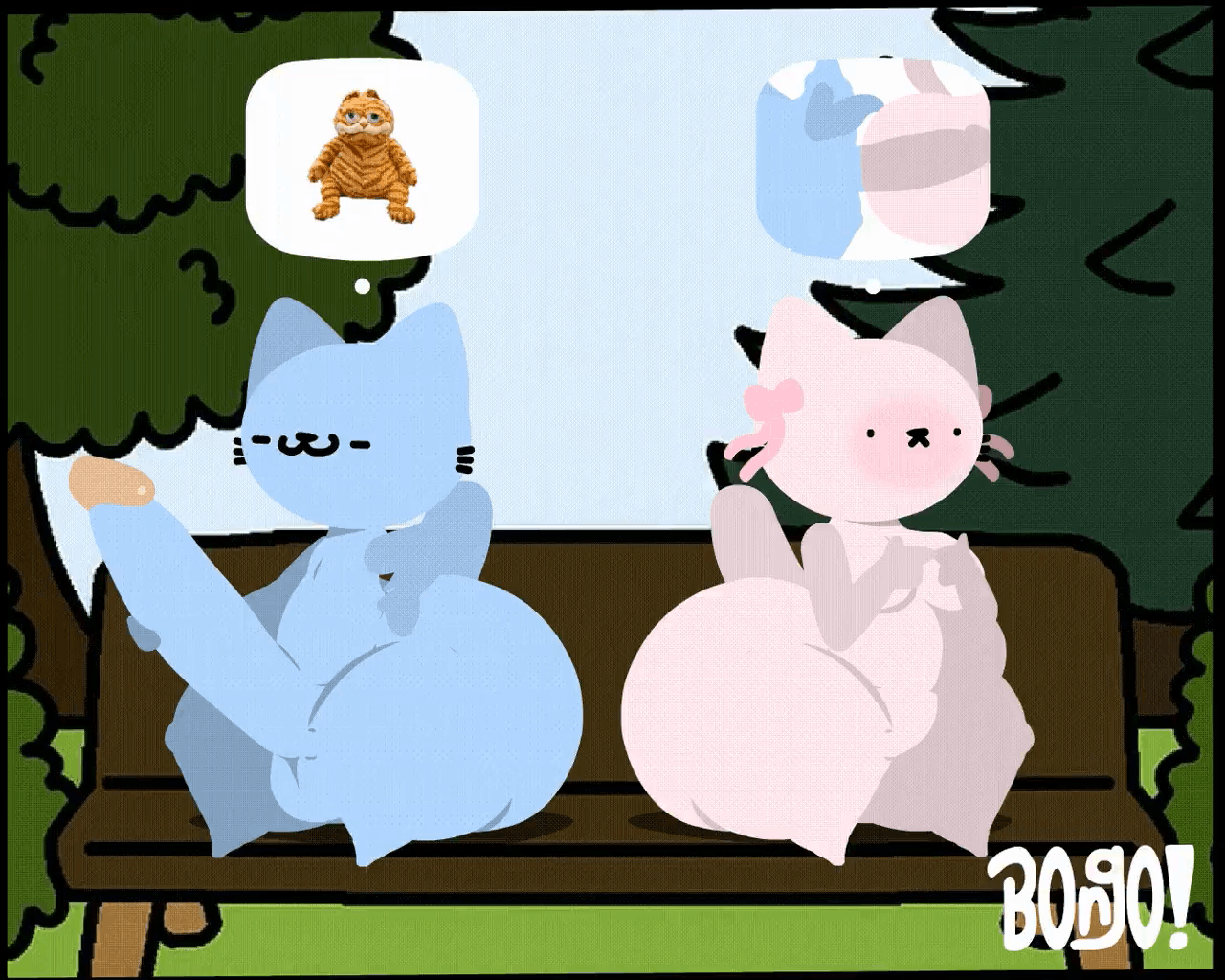 1boy, 1girls, 2025, anal, anal sex, animated, anthro, ass, balls, barefoot, bench, big breasts, big butt, big penis, blue body, blue cat (nubcat), blue fur, blush, bonguitoweon, bow ribbon, breasts, closed eyes, completely nude, completely nude female, domestic cat, dot eyes, duo, erection, felid, feline, felis, female, female penetrated, full body, fur, garfield (series), garfield the cat, genitals, grass, huge butt, huge cock, humanoid genitalia, humanoid penis, hyper, hyper genitalia, hyper penis, male, male penetrating, male penetrating female, male/female, mammal, naked, naked female, nub (twitter), nude, nude female, on bench, outside, park, park bench, penetration, penis, pink body, pink cat (nubcat), pink fur, plant, public, public erection, public nudity, sex, short stack, sillynubcat (copyright), simple background, simple eyes, sitting, sitting on bench, tail, thick thighs, thought bubble, toony, tree, wide hips