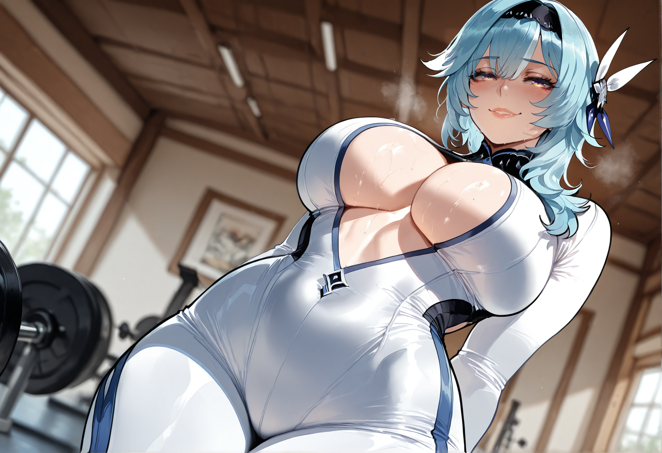 1girls, ai generated, big breasts, blush, breasts, cleavage, eula (genshin impact), female, female only, genshin impact, huge breasts, light-skinned female, looking at viewer, mihoyo, miyuai, solo, solo female, solo focus, sweat, sweatdrop, sweaty, tagme, tight clothes, tight clothing