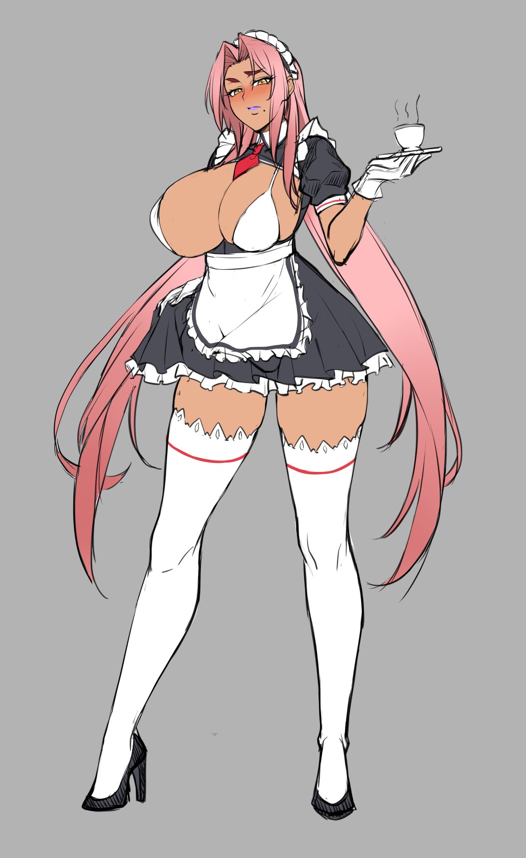 1girls, beauty mark, blush, cleavage, dark-skinned female, female, female only, high heels, ingrid (taimanin asagi), lc 7v2, long hair, maid, maid uniform, purple lipstick, solo female, taimanin (series), uniform