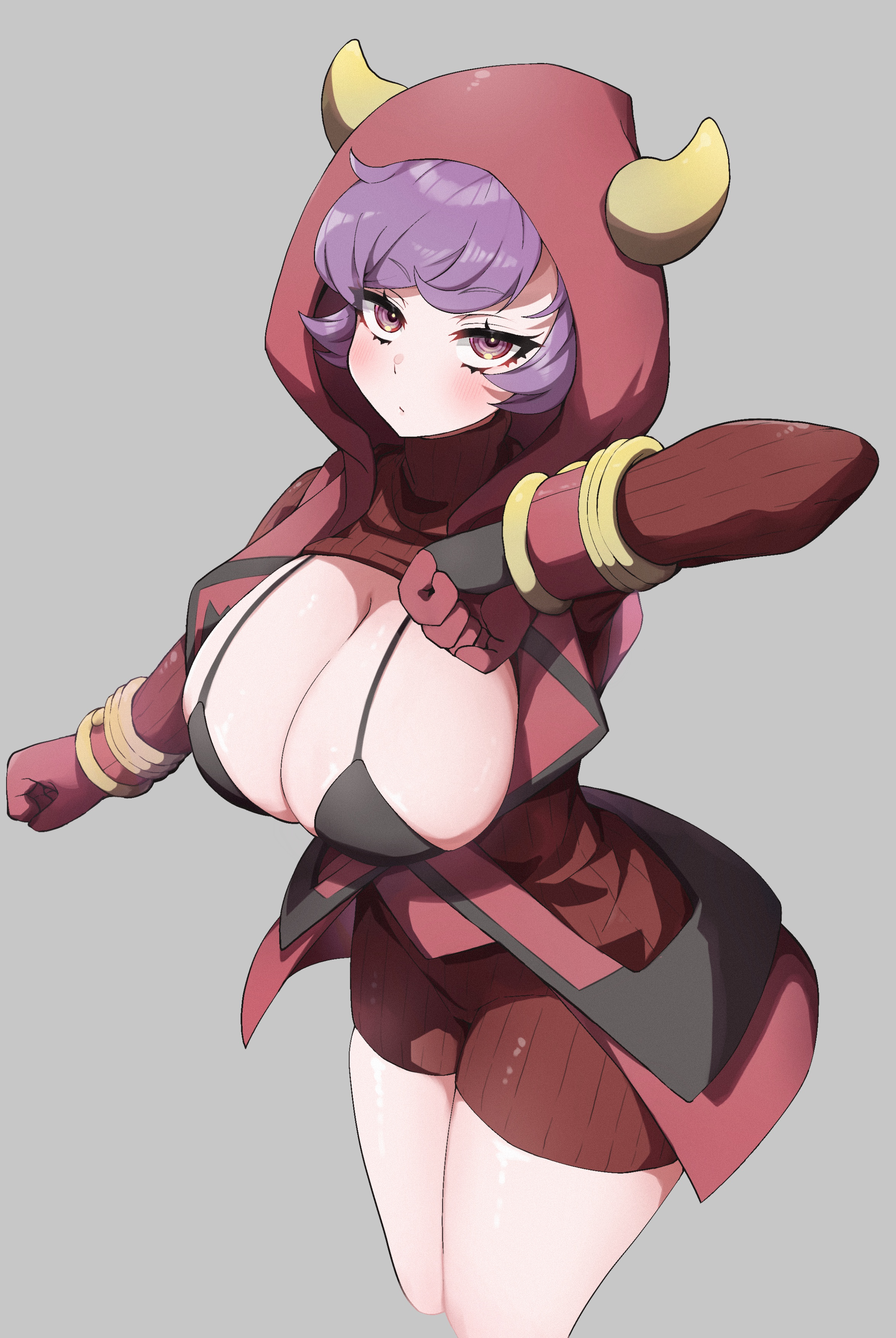 1girls, absurdres, breasts, courtney (pokemon oras), courtney (pokemon), fake horns, female, female only, game freak, highres, hood, hooded vest, hoodie, horns, large breasts, nagyiiie, nintendo, pokemon, pokemon oras, red hood, solo, team magma, team magma uniform, vest