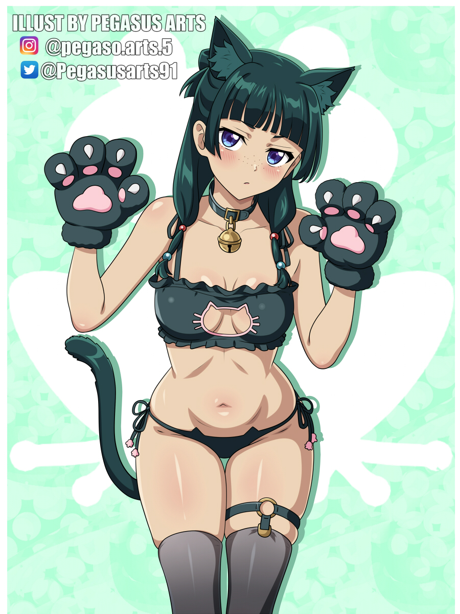 animal collar, animal ear fluff, animal ears, animal hands, artist name, bell, blue eyes, blush, breasts, cat ears, cat lingerie, cat paws, cleavage, closed mouth, collar, collarbone, female, female only, freckles, gloves, green background, green gloves, green hair, green panties, grey thighhighs, highres, instagram logo, instagram username, jingle bell, kemonomimi, kemonomimi mode, kusuriya no hitorigoto, looking at viewer, maomao (kusuriya no hitorigoto), medium hair, multi ear, navel, neck bell, panties, paw gloves, paw pose, pegasus (artist), pegasus arts, ribbon trim, ribbon-trimmed panties, simple background, small breasts, solo, standing, thigh strap, thighhighs, twitter logo, twitter username, underwear