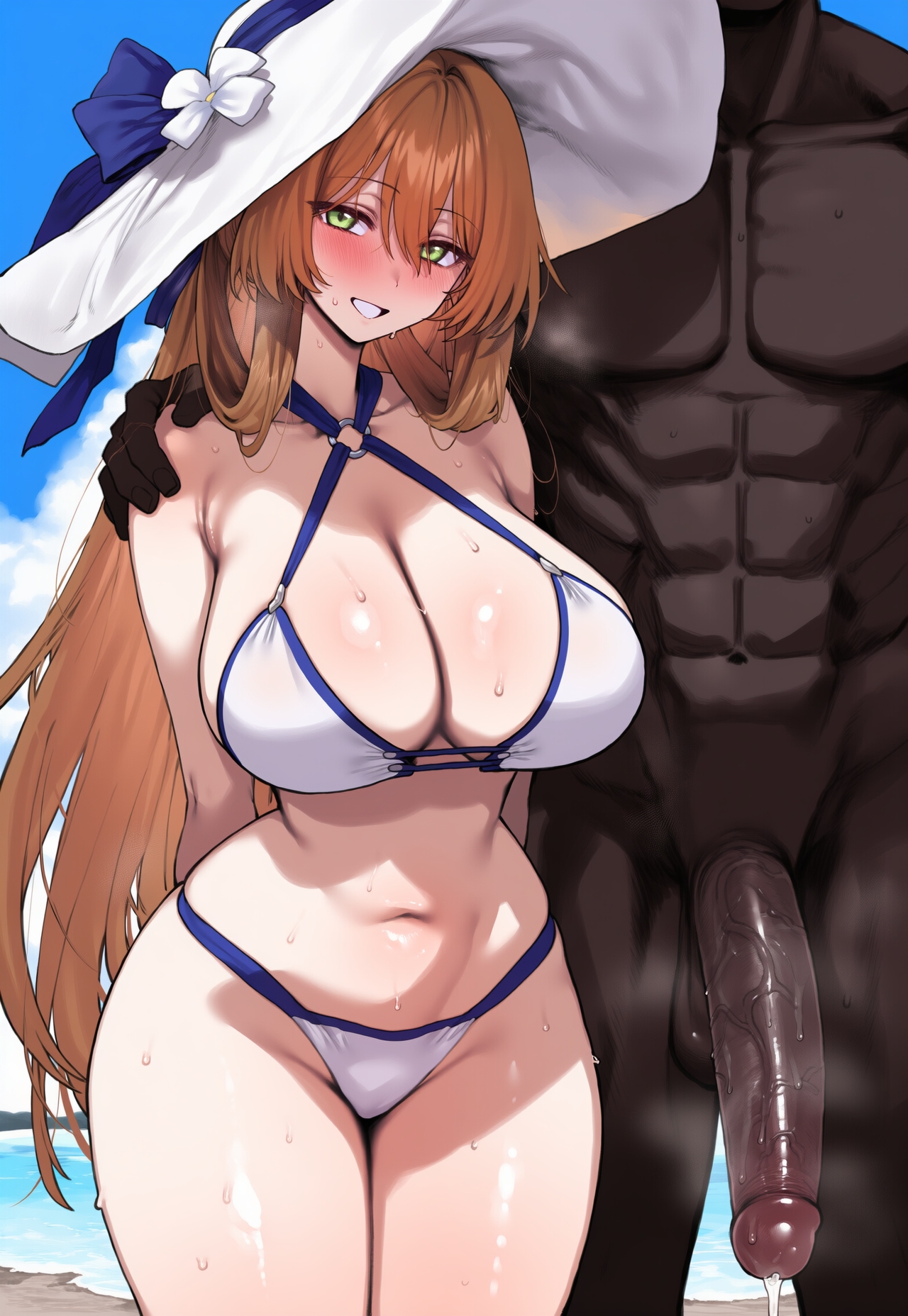 1boy, 1girls, ai generated, big breasts, breasts, brown hair, dark-skinned male, female, female focus, girls' frontline, green eyes, huge breasts, huge cock, large breasts, light-skinned female, long hair, looking at viewer, male, navel, penis, smiling, smiling at viewer, springfield (girls' frontline), springfield (stirring mermaid) (girls' frontline), thick thighs, thighs, truck kun, wide hips