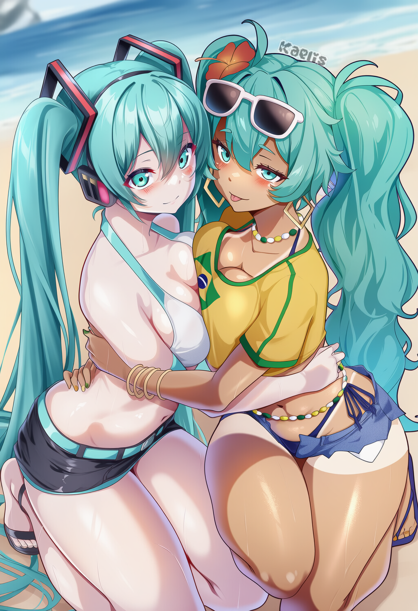 2girls ai_assisted ai_generated big_breasts bikini bleh blue_eyes blue_hair blue_nails brazilian_miku glasses_on_head green_nails hatsune_miku hugging jewelry medium_breasts navel patreon patreon_username short_shorts skirt smile tanline thighs tongue_out very_long_hair vocaloid watermark yellow_nails