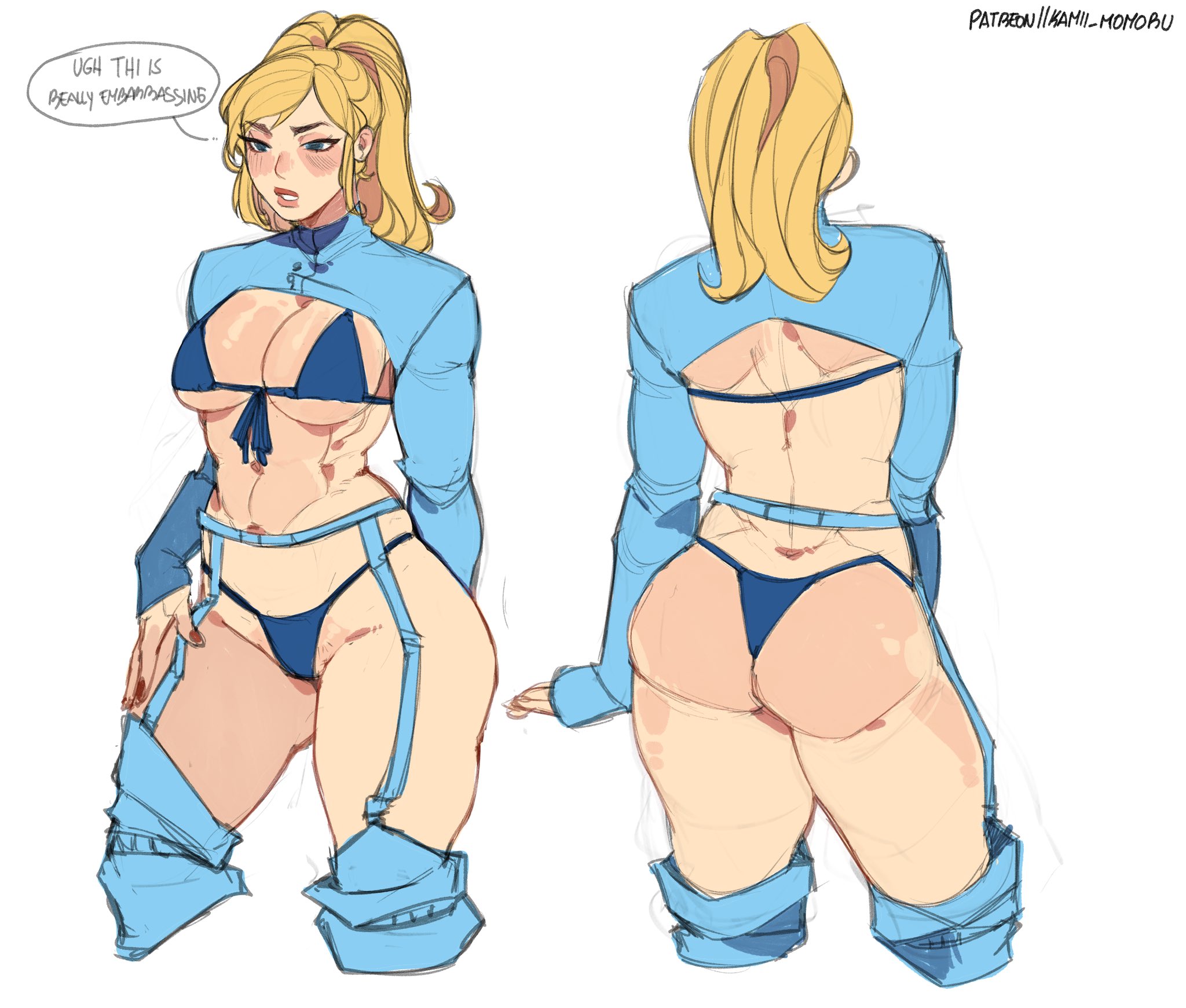 1girls, ass, blonde hair, breasts, embarrassed, embarrassed underwear female, embarrassing outfit, english text, female, female focus, female only, kamii momoru, large breasts, light skin, light-skinned female, metroid, samus aran, solo, text, thighs, trying on clothes, white background, wide hips