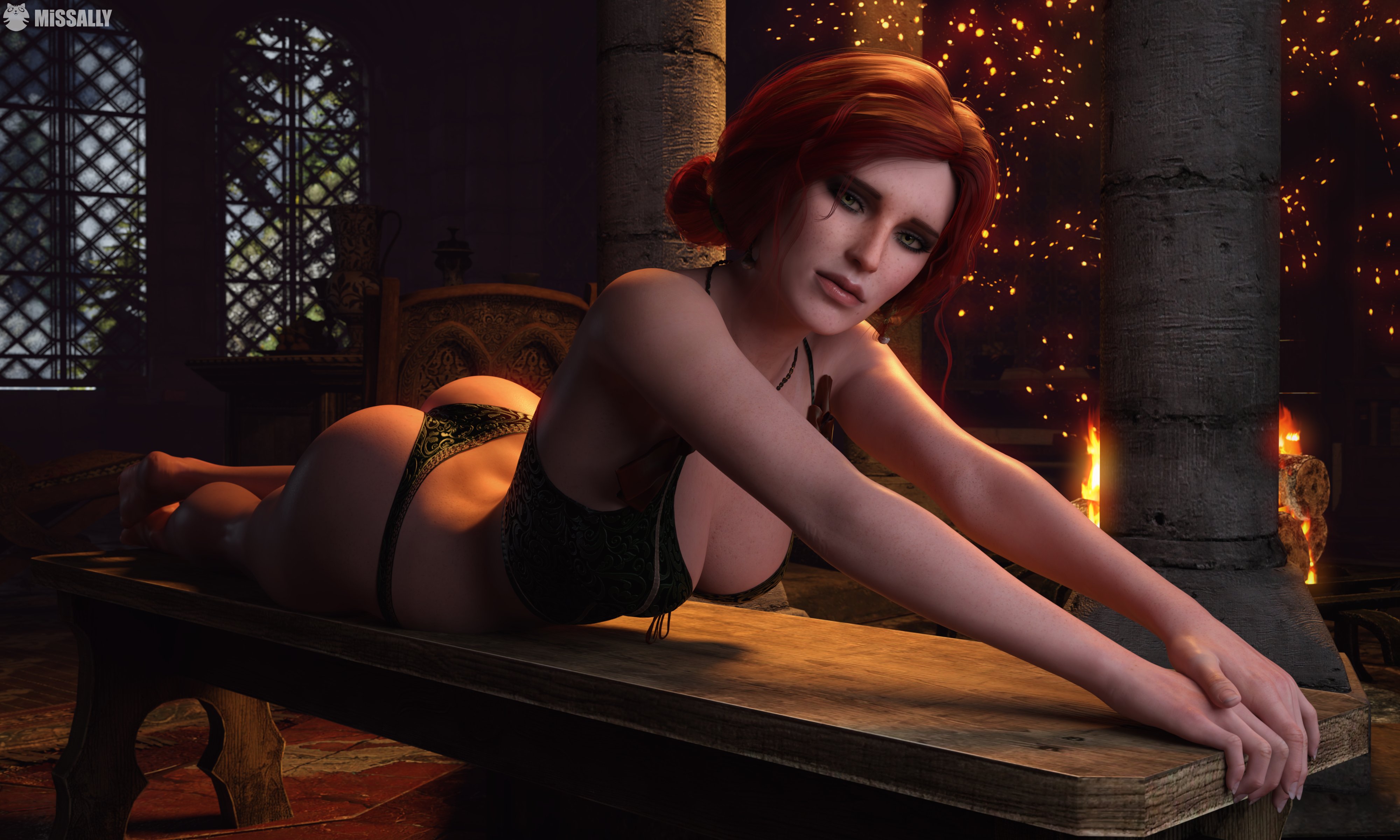 3d, ass, bra, breasts, bubble butt, cd projekt red, female, freckles, light-skinned female, lingerie, looking at viewer, lying on stomach, mascara, missally, necklace, panties, red hair, solo, solo female, the witcher (series), the witcher 3: wild hunt, thong, triss merigold