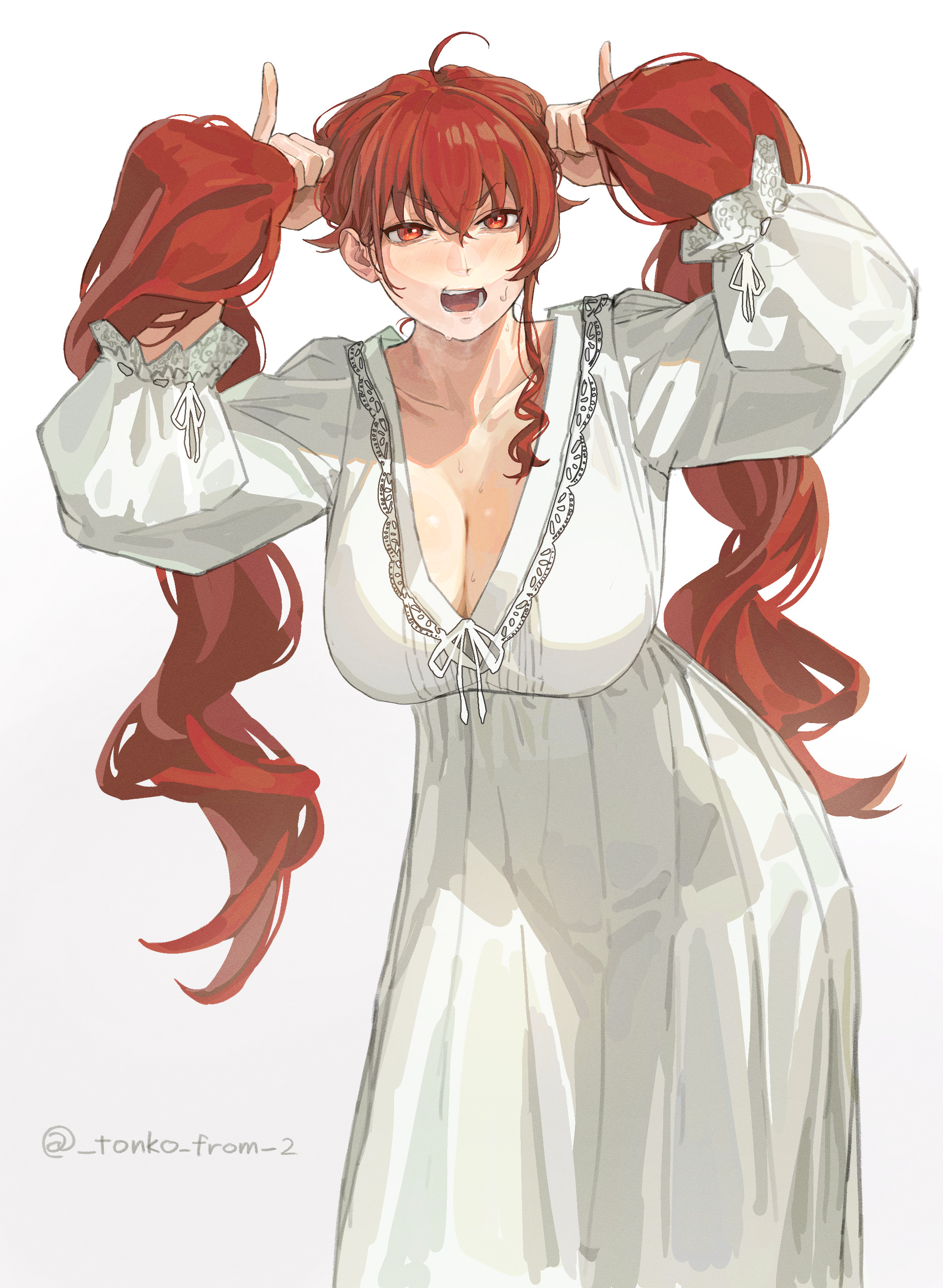 1girls, alternate hairstyle, big breasts, blush, breasts, bunching hair, busty, cleavage, collarbone, eris greyrat, female, female only, gradient background, hair between eyes, hands up, highres, holding, holding own hair, large breasts, long hair, long sleeves, looking at viewer, mushoku tensei, nightgown, official alternate costume, open mouth, playing with own hair, red eyes, red hair, solo, standing, sweat, tonko from, twintails, twitter username, v-shaped eyebrows, very long hair, voluptuous, white background, white nightgown