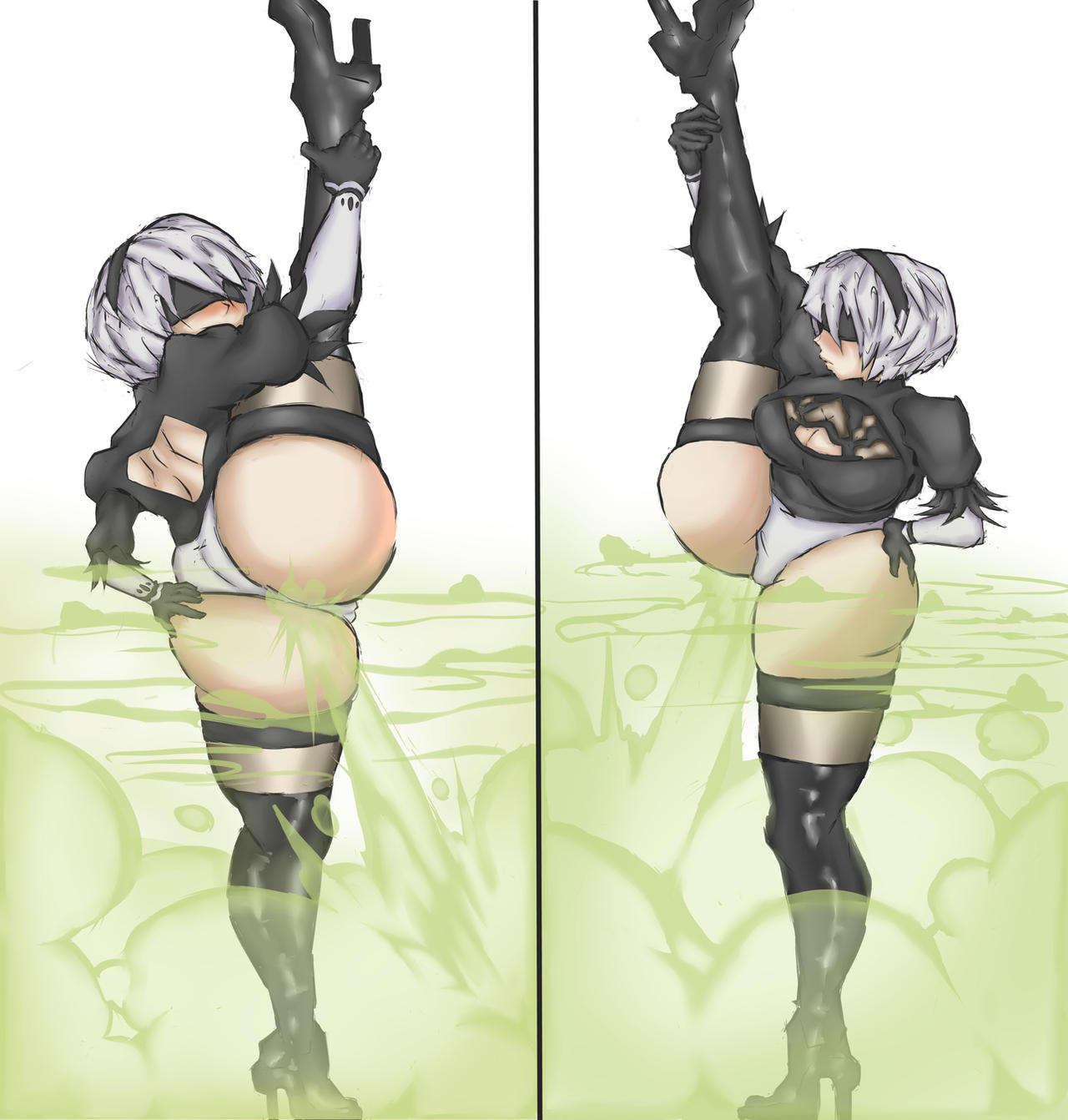 1girls, big breasts, blush, breasts, fart, fart cloud, fart fetish, farting, female, holding leg up, huge ass, leg up, nier: automata, sitting, solo, solo female, thick ass, toxixent, white hair, yorha 2b