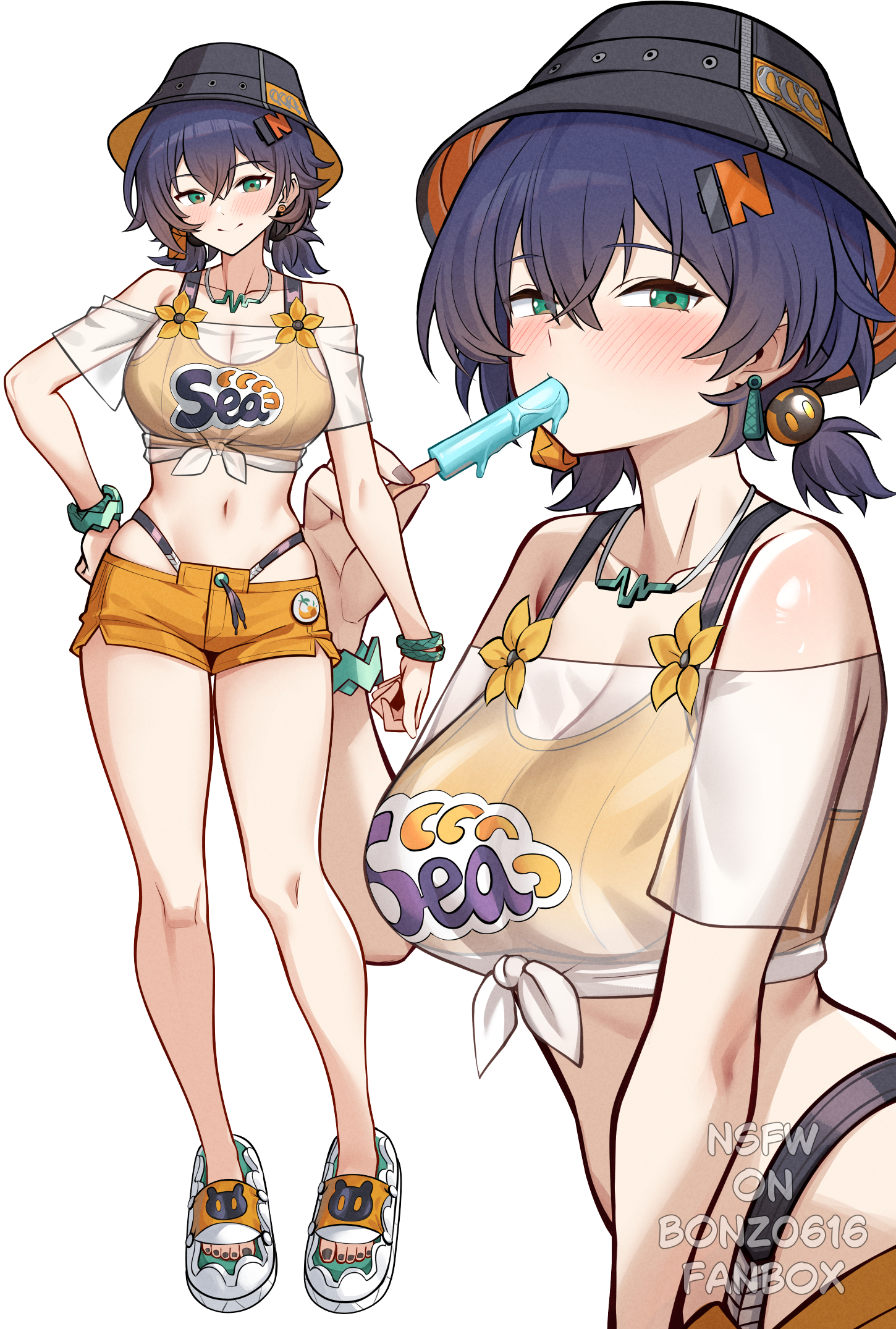 1girls, armwear, belle (summer skies) (zenless zone zero), belle (zenless zone zero), big breasts, bikini top, black hair, blue eyes, blush, bonz (bonz0616), bracelet, breasts, bucket hat, close-up, ear piercing, earrings, female, female only, footwear, full body, hair, hand on hip, hat, headwear, highres, legs, nails, official alternate costume, orange bikini top, orange shorts, popsicle, popsicle in mouth, sexually suggestive, shirt, short shorts, shorts, simple background, smile, solo, solo female, thighs, toenail polish, white background, white shirt, zenless zone zero