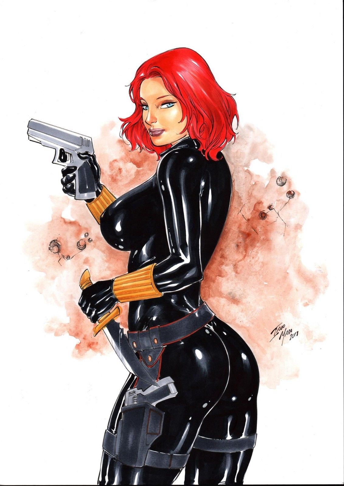 1girls 2018 abstract_background ass assassin avengers big_ass big_breasts black_bodysuit black_gloves black_latex black_leather black_widow_(marvel) blue_eyes bodysuit busty curvy dagger dat_ass dated ed_benes_studio erect_nipples erect_nipples_under_clothes eyeshadow female female_only from_behind gloves gun holding_gun holding_knife holding_pistol holding_weapon human human_only iago_maia knife large_ass large_breasts latex latex_bodysuit leather leather_gloves light-skinned_female light_skin looking_at_viewer makeup marvel marvel_comics mascara natasha_romanoff nipple_bulge nipples pinup pistol pokies pouch red_hair short_hair signature skintight_bodysuit solo solo_female spy straight_hair superheroine thick_ass thick_thighs thigh_holster thighs voluptuous weapon widow's_bite