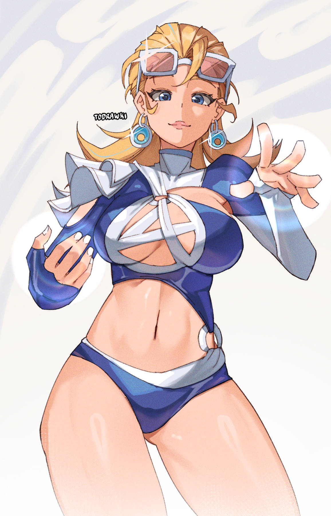 1girls, blonde female, blue eyes, blue swimsuit, breasts, fantastic four, female, invisible woman, invisible woman (azure shade), invisible woman (marvel rivals), long hair, marvel, marvel comics, marvel rivals, sue richards, sue storm, sunglasses, sunglasses on head, swimsuit, todrawki