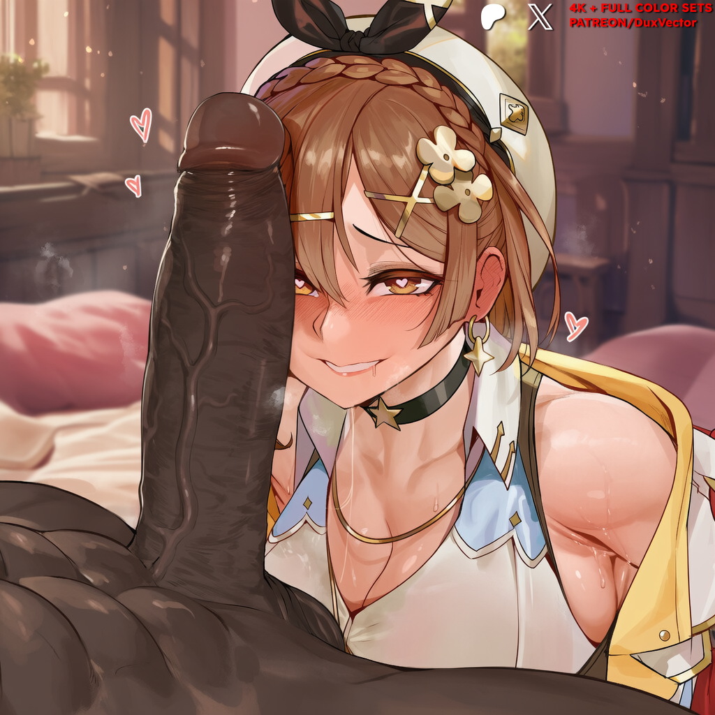 1boy, ai generated, atelier (series), atelier ryza, balls, bangs, bare shoulders, beret, black choker, black hairband, black ribbon, blush, braid, breasts, brown eyes, brown hair, choker, cleavage, clothed female, clothed female nude male, clothing, clover hair ornament, collared shirt, crown braid, dark skin, dark-skinned male, duxvector, earrings, erection, female, hair ornament, hairclip, hat, headwear, heart, heart-shaped pupils, huge cock, indoors, interracial, jewelry, key, large breasts, large penis, looking at viewer, male, necklace, netorare, ntr, nude, nude male, penis, penis awe, reisalin stout, saliva, shirt, short hair, sleeveless, smile, solo focus, star (symbol), star choker, star earrings, straight, sweat, symbol-shaped pupils, testicles, veins, veiny penis, very dark skin, vest, white headwear, white shirt, x hair ornament