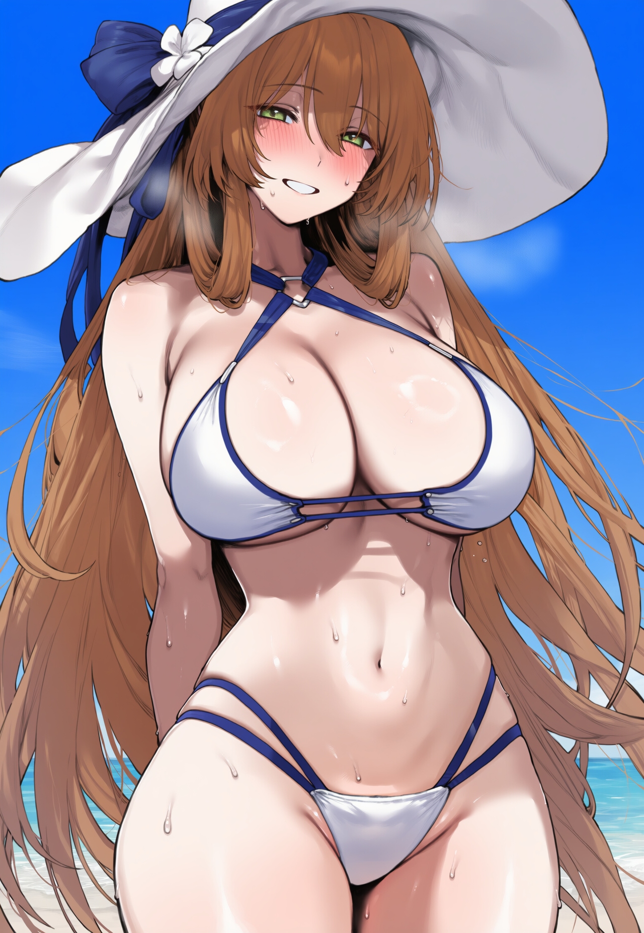 1girls, ai generated, big breasts, breasts, brown hair, female, female focus, girls' frontline, green eyes, huge breasts, large breasts, light-skinned female, long hair, looking at viewer, navel, smiling, smiling at viewer, springfield (girls' frontline), springfield (stirring mermaid) (girls' frontline), thick thighs, thighs, truck kun, wide hips