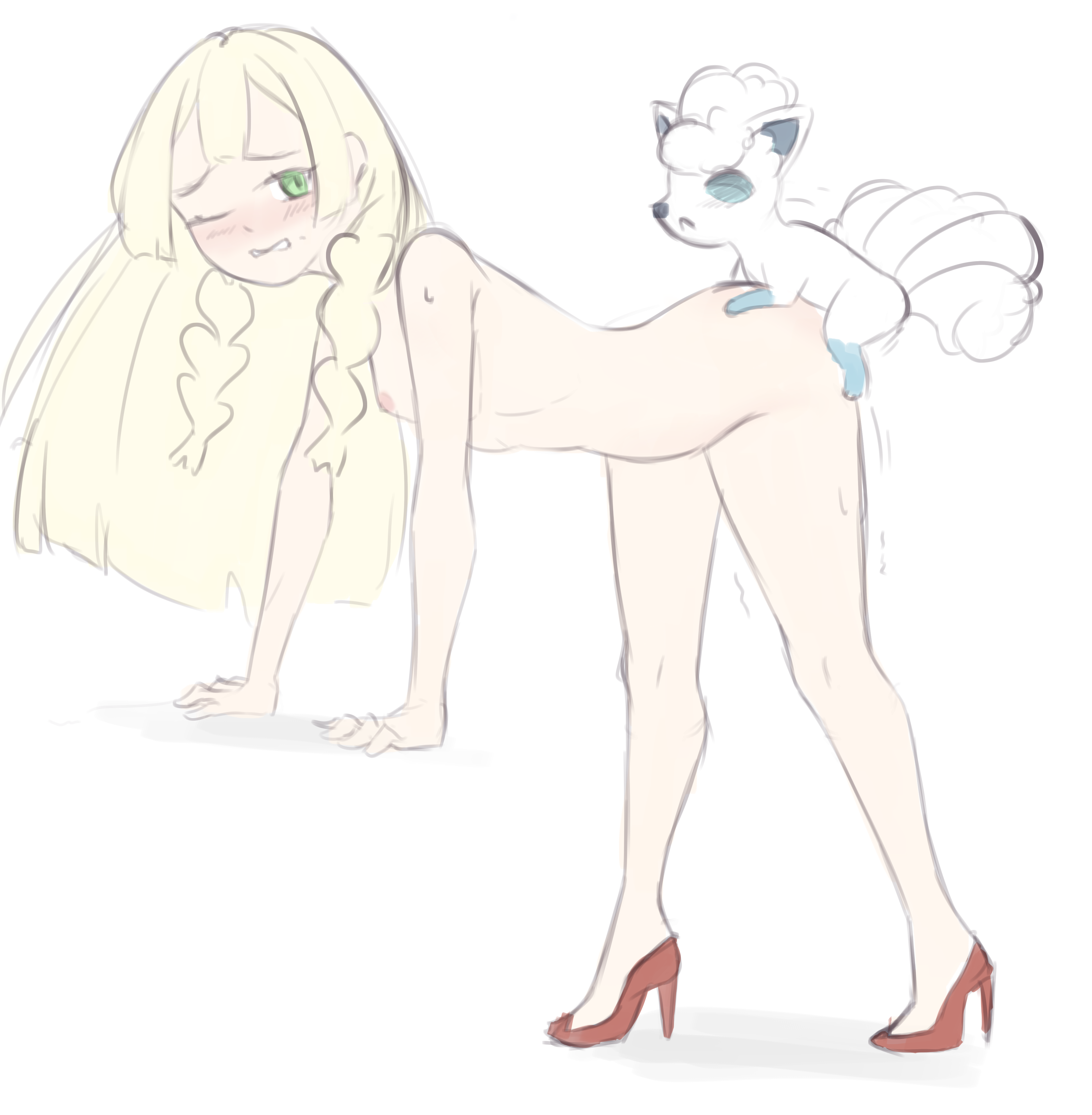 1boy, 1girls, alolan vulpix, blonde hair, doggy style, female, feral, feral on female, feral on human, feral penetrating, green eyes, high heels, interspecies, larger female, lillie (pokemon), male, murahanasaki, pokemon, pokephilia, size difference, small dom big sub, smaller male, teenage female, teenager, vulpix, white background, zoophilia