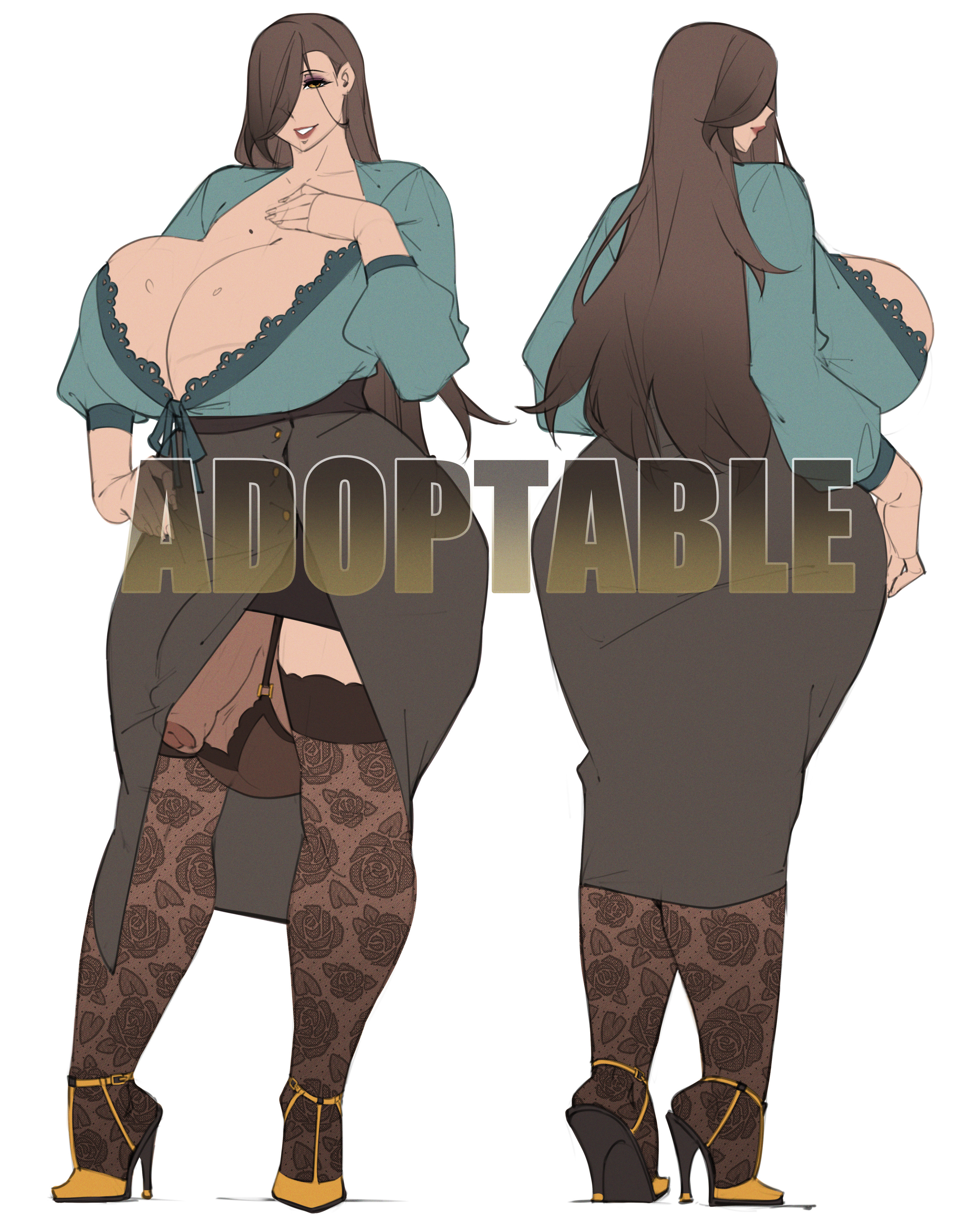 1futa, adoptable, ball bra, balls, balls in panties, big breasts, big penis, blush, breasts, brown hair, bulge, busty, casual exposure, cleavage, clothed, clothing, female, flaccid, futa milf, futa only, futanari, garter straps, hair over one eye, high heels, huge balls, huge breasts, huge cock, human, hung, hung futa, intersex, karasuart07, large breasts, light skin, light-skinned futa, long hair, massive breasts, milf, original character, penis, sketch, skirt, solo, standing, thick, thick thighs, thighs