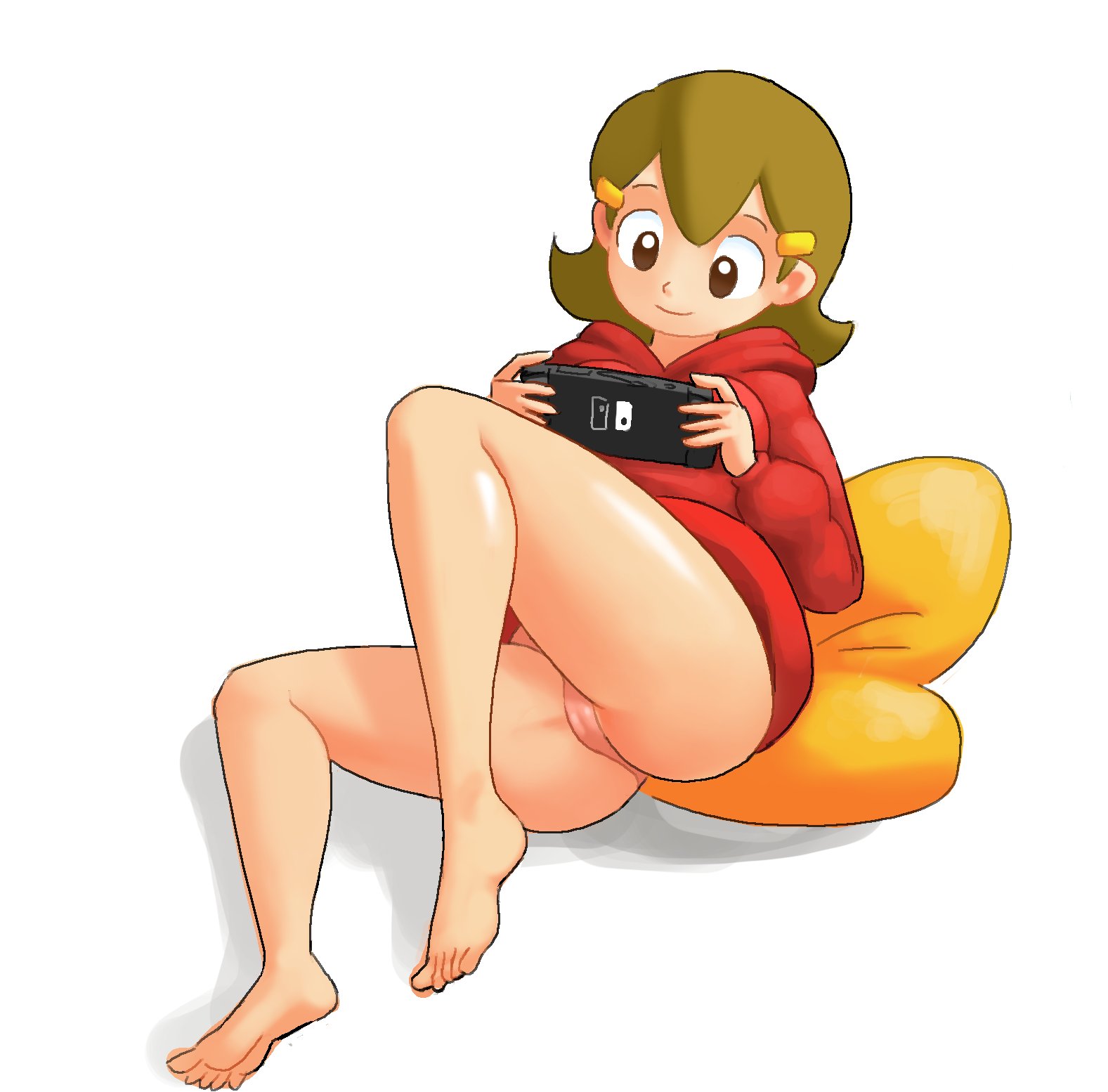 1girls, 2019, 5-volt, barefoot, bottomless, brown eyes, brown hair, cameltoe, cute, feet, female, female only, hoodie, human, human only, mario (series), milf, minus8, nintendo, nintendo switch, panties, pussy, shiny, shiny skin, simple background, smile, solo, thighs, vagina, wario (series), warioware, warioware gold