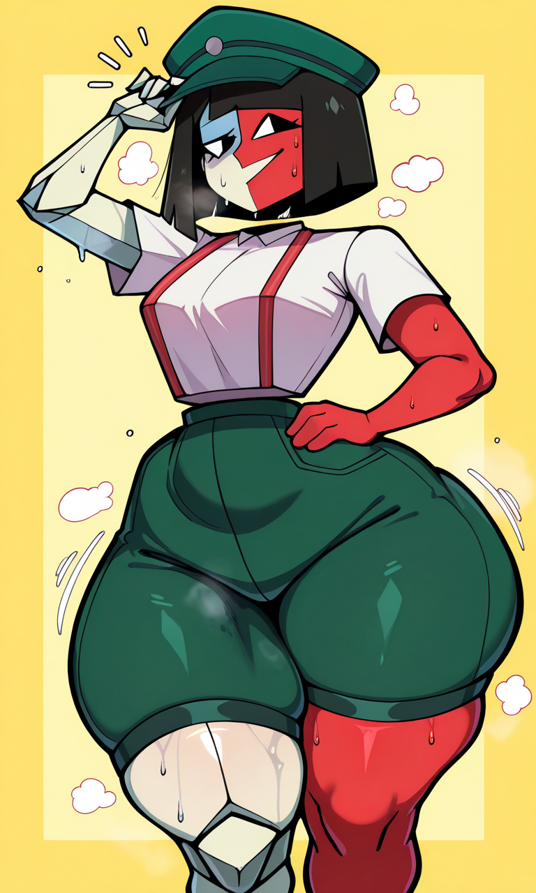 ai generated, asymmetry, daidouji (artist), daidoujipv, ena, ena (dream bbq), ena (series), geometric shapes, heavy bottom, joel g, overalls, shirt, simple background, thick thighs, thighs, two-tone body, two-tone skin, wide hips