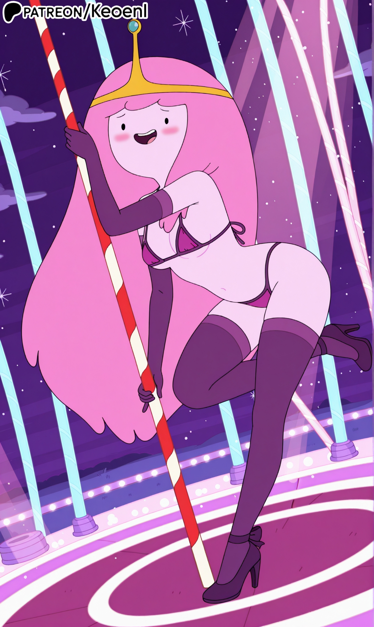 1girls, accurate art style, adventure time, ai generated, areola, big breasts, bikini, blush, blush lines, breasts, bubblegum, cartoon network, colored skin, commission, crown, dancer, dancing, female, female only, gloves, heels, hi res, high heels, keoenl, legs apart, lights, long gloves, long hair, medium breasts, micro bikini, midriff, navel, neon lights, open mouth, patreon, pink body, pink hair, pink skin, pole, pole between ass, pole dancing, princess, princess bubblegum, prostitute, prostitution, public, public exposure, public indecency, pussy, pussy juice, scenery, stripper, stripper pole, stripping, thighhighs, tiara