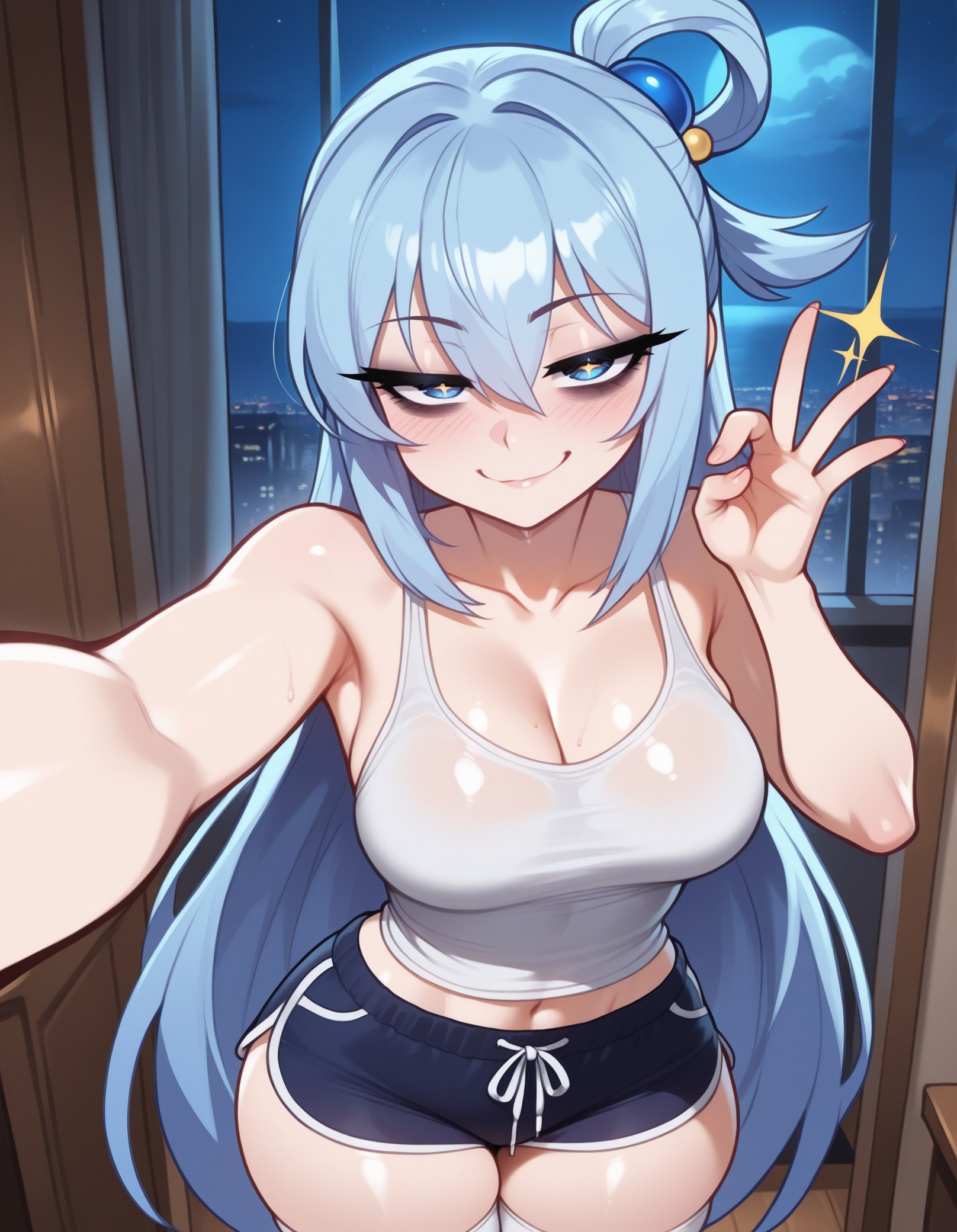 1girls, ai generated, aqua (konosuba), ass, big ass, big breasts, blowjob gesture, blue eyes, blue hair, breasts, dolphin shorts, eyelashes, eyeshadow, fellatio gesture, female, hair, hair accessory, hair ornament, hourglass figure, hourglass figured female, kono subarashii sekai ni shukufuku wo!, konosuba, large ass, large breasts, light-skinned female, long hair, naughty face, selfie, sexy body, shiny skin, shorts, sillyhina, stockings, tank top, thick, thick ass, thick legs, thick thighs, voluptuous, voluptuous female