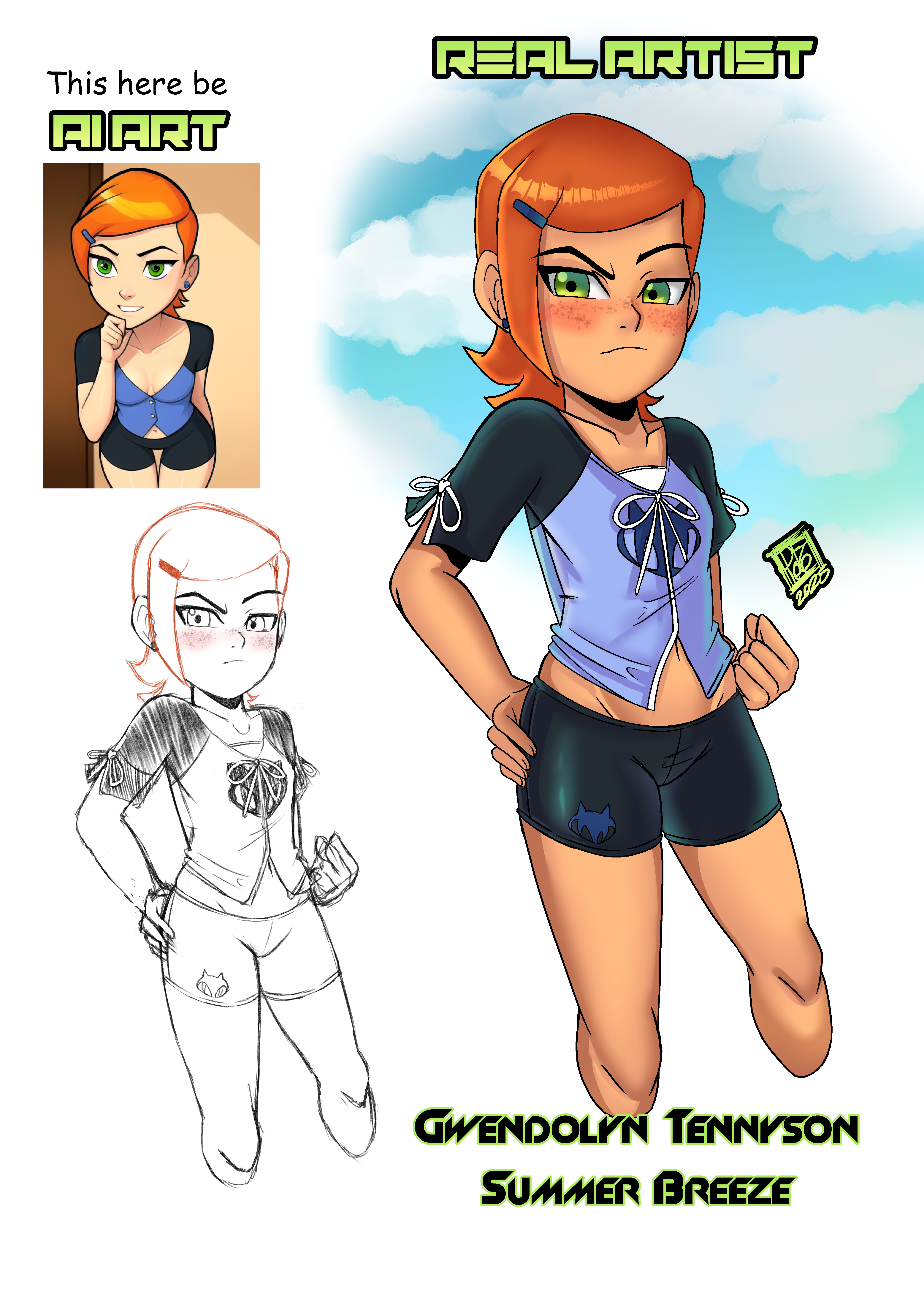 artist vs ai, ben 10, ben 10 (classic), cartoon network, cropped shirt, cute, darkfang100, earrings, female, female focus, freckles, green eyes, gwen tennyson, gwen tennyson (classic), hair ornament, hand on hip, orange hair, shorts, sky, summer, summer uniform, swimming trunks, swimwear, under shirt