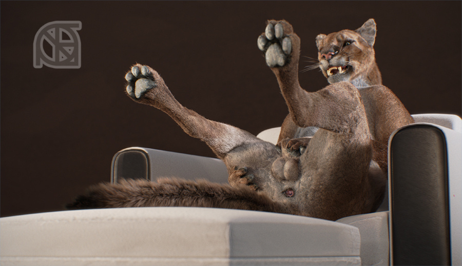 3d animal_genitalia anthro anus ass backsack balls cosmiclife cougar feet felid feline feral hindpaw hunter_(cosmiclife) looking_at_viewer male mammal open_mouth pawpads paws penis pinup pose semi-anthro sheath sofa solo teeth whiskers