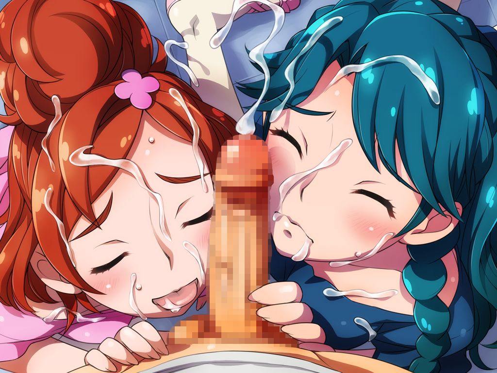 1boy 2girls blue_hair blush brown_hair bukkake censored clothing collaborative_fellatio cum cumshot fellatio go!_princess_precure haruno_haruka kaidou_minami multiple_girls oral precure pretty_cure sameha_ikuya teamwork threesome