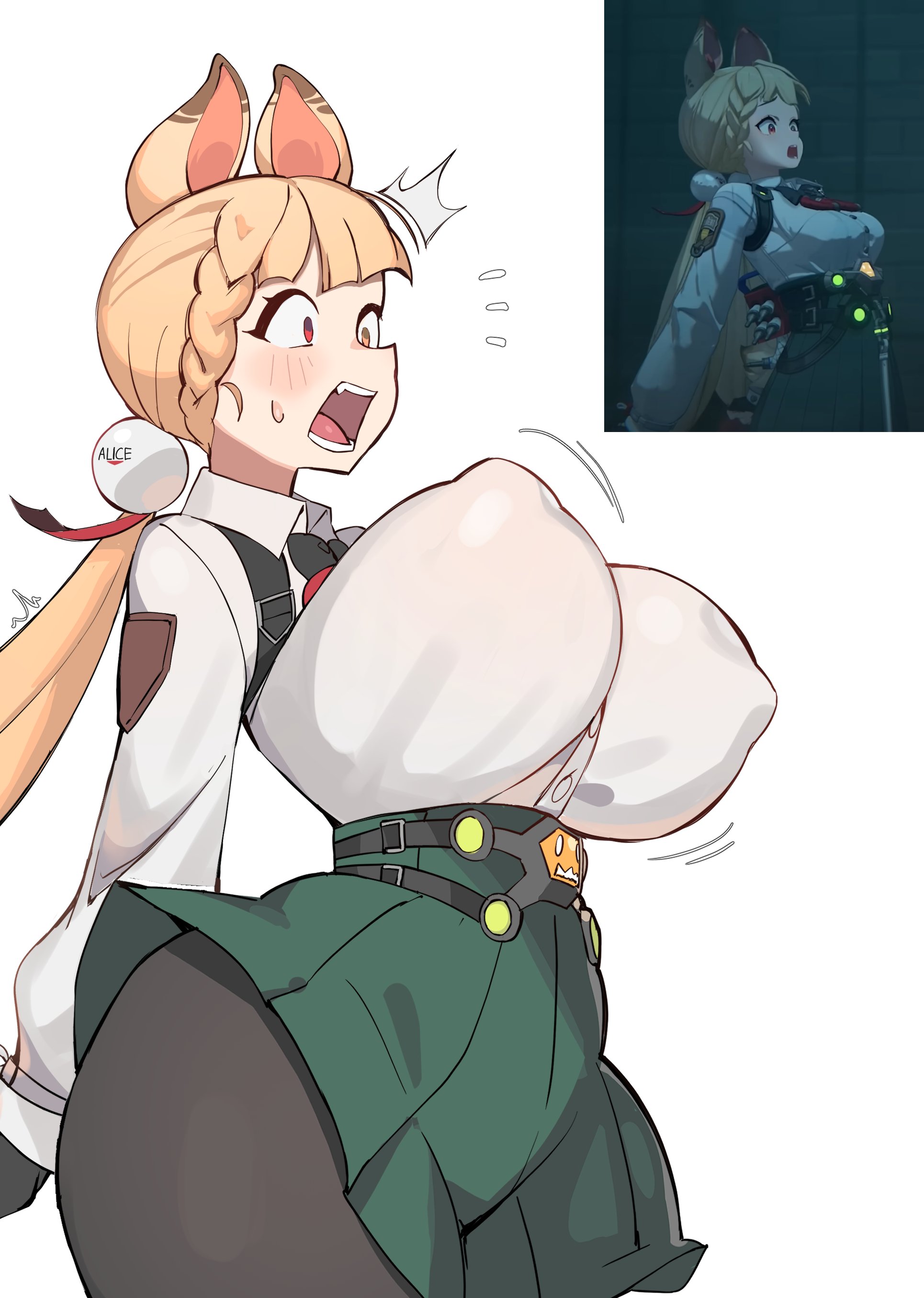 1girl, 1girls, alice thymefield, black legwear, blonde hair, bouncing breasts, breasts, clothing, female, female focus, female only, green skirt, huge breasts, kuromaruart, light skin, light-skinned female, nipple bulge, open mouth, pantyhose, red eyes, simple background, skirt, solo, solo female, thick thighs, thighs, white background, wide hips, zenless zone zero