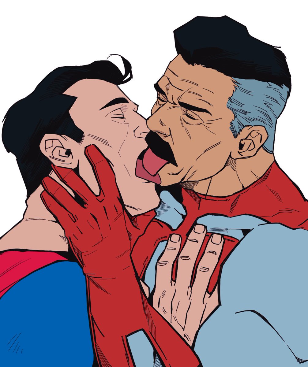 age difference, bara, bonjourdraws, clark kent, crossover, daddy, dark hair, dc, dc comics, dilf, gay, invincible, invincible (tv series), kissing, makeout, male, male only, mature male, muscular, muscular male, nolan grayson, older male, omni-man, superman, superman (clark kent), superman (series), tongue kiss, tongue out, viltrumite, yaoi