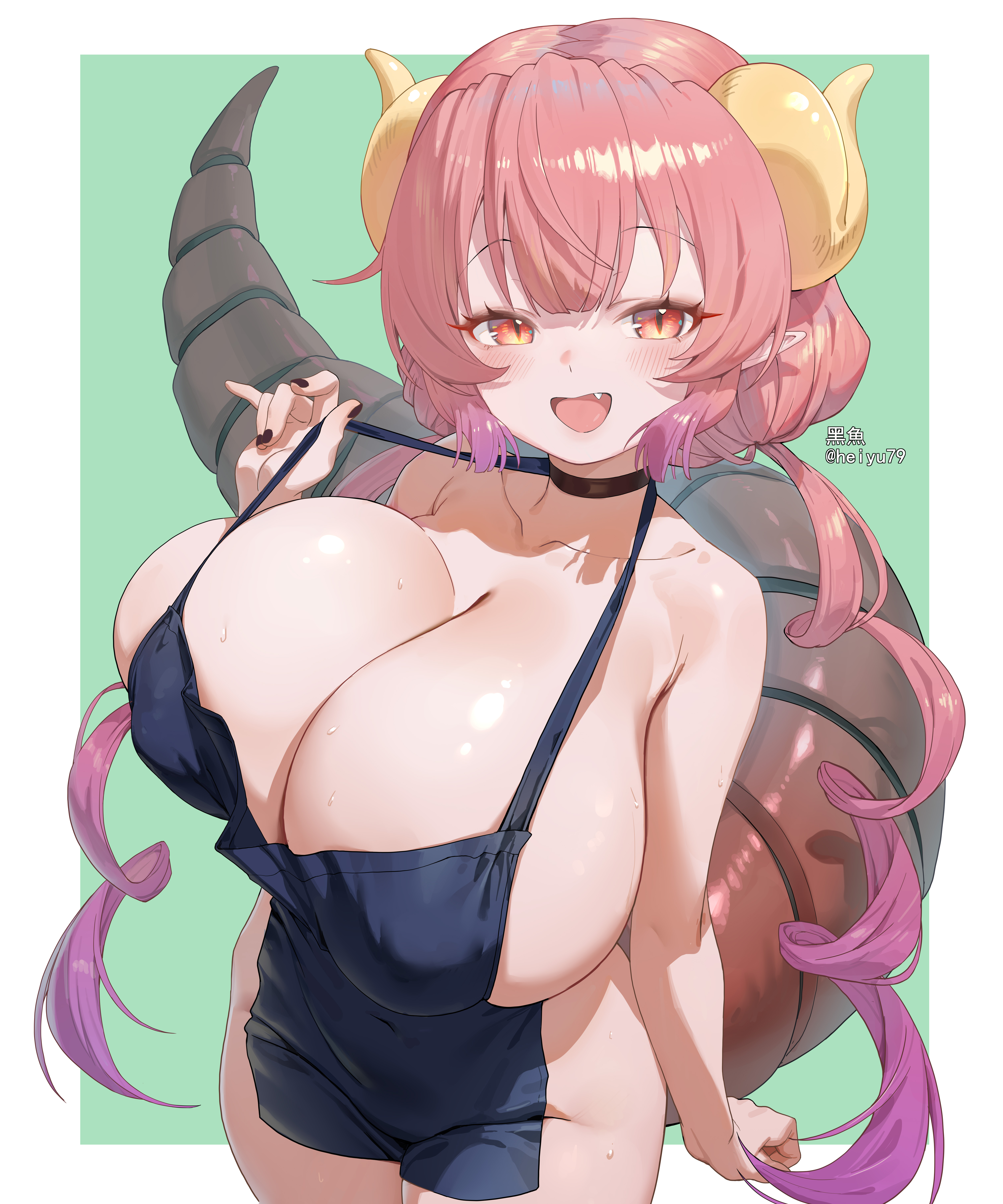 absurdres, apron, artist name, bare shoulders, black choker, black nails, blush, breasts, choker, cleavage, collarbone, covered erect nipples, cute fang, dragon girl, dragon horns, dragon tail, female, gradient hair, green background, heiyu, highres, horns, huge breasts, ilulu (maidragon), kobayashi-san chi no maidragon, long hair, looking at viewer, low twintails, multicolored hair, nail polish, naked apron, open mouth, pink hair, pointy ears, red eyes, shortstack, slit pupils, solo, standing, strap pull, sweat, tail, twintails, twitter username, very long hair