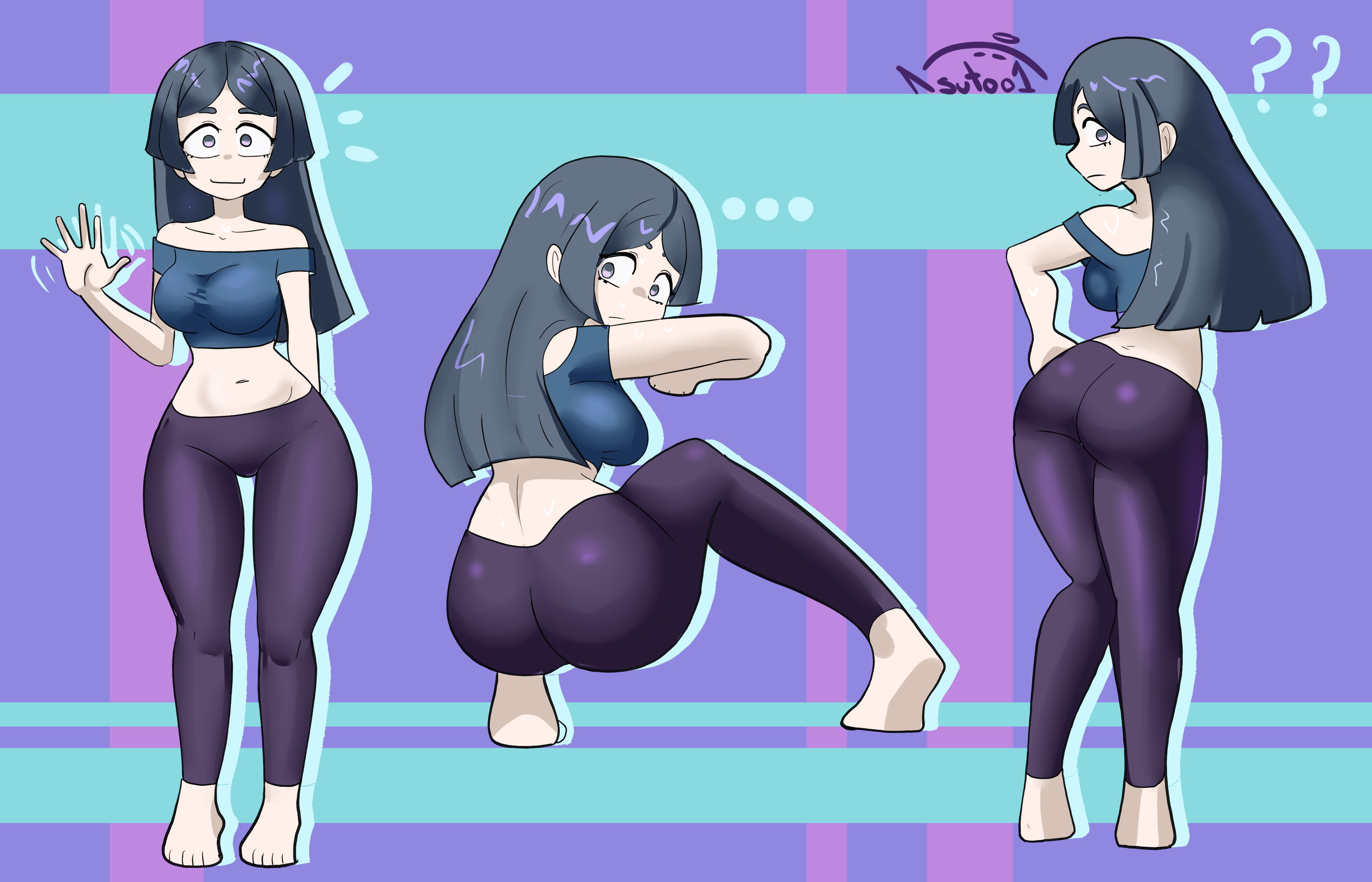 1girls, artist signature, ass, back view, barbara parker, barefoot, bubble butt, curvy, female, grey eyes, grey hair, gym clothes, kasutoo1, little witch academia, midriff, pale skin, pale-skinned female, pants, round ass, tight pants